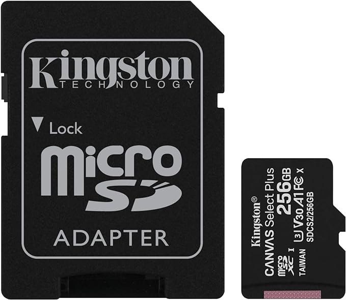 Kingston MicroSDXC Select Plus 256GB (Con Adaptador a SD) Clase 10, UHS-I, U3, V30 Lectura: 100MB/s y Escritura: 85MB/s (SDCS2/256GB)