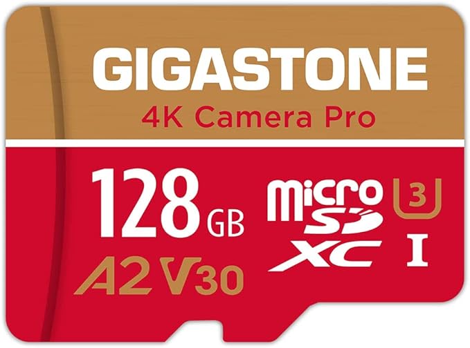 Gigastone - Tarjeta micro SD de 128 GB A1 V30 U3 C10 Clase 10 Tarjeta de memoria micro SDXC UHS-I con adaptador microSD a SD Cámara de vídeo 4K Ultra HD de alta velocidad Canon