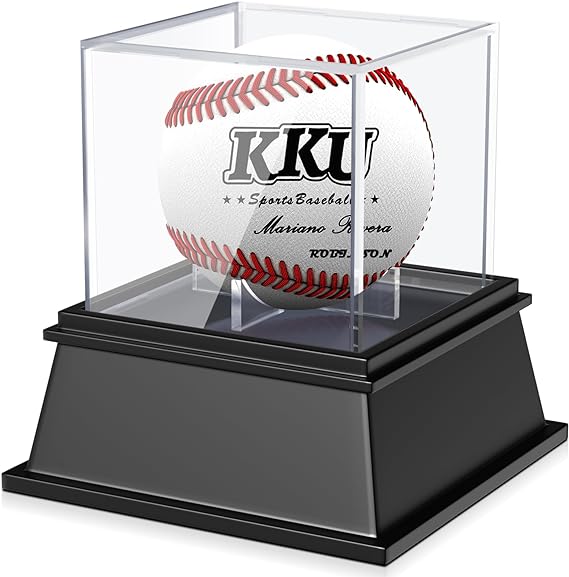 A KKU - Vitrina de béisbol de acrílico gruesa con elegante base negra, resistente al polvo con protección UV, estuche de béisbol transparente para pelotas firmadas