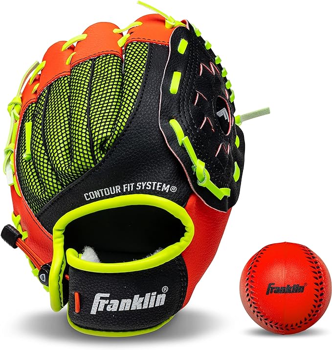 A Franklin Sports Teeball Glove - Left and Right Handed Youth Fielding Glove - Neo-Grip - Synthetic Leather Baseball Glove - 9.0 Inch - Ready To Play Glove with Ball