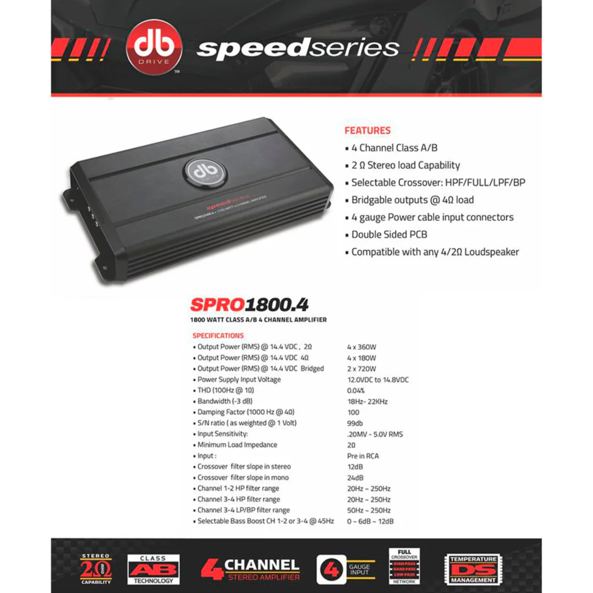 Amplificador 4 Canales Db Drive Spro1800.4 1800w 2ohms .
