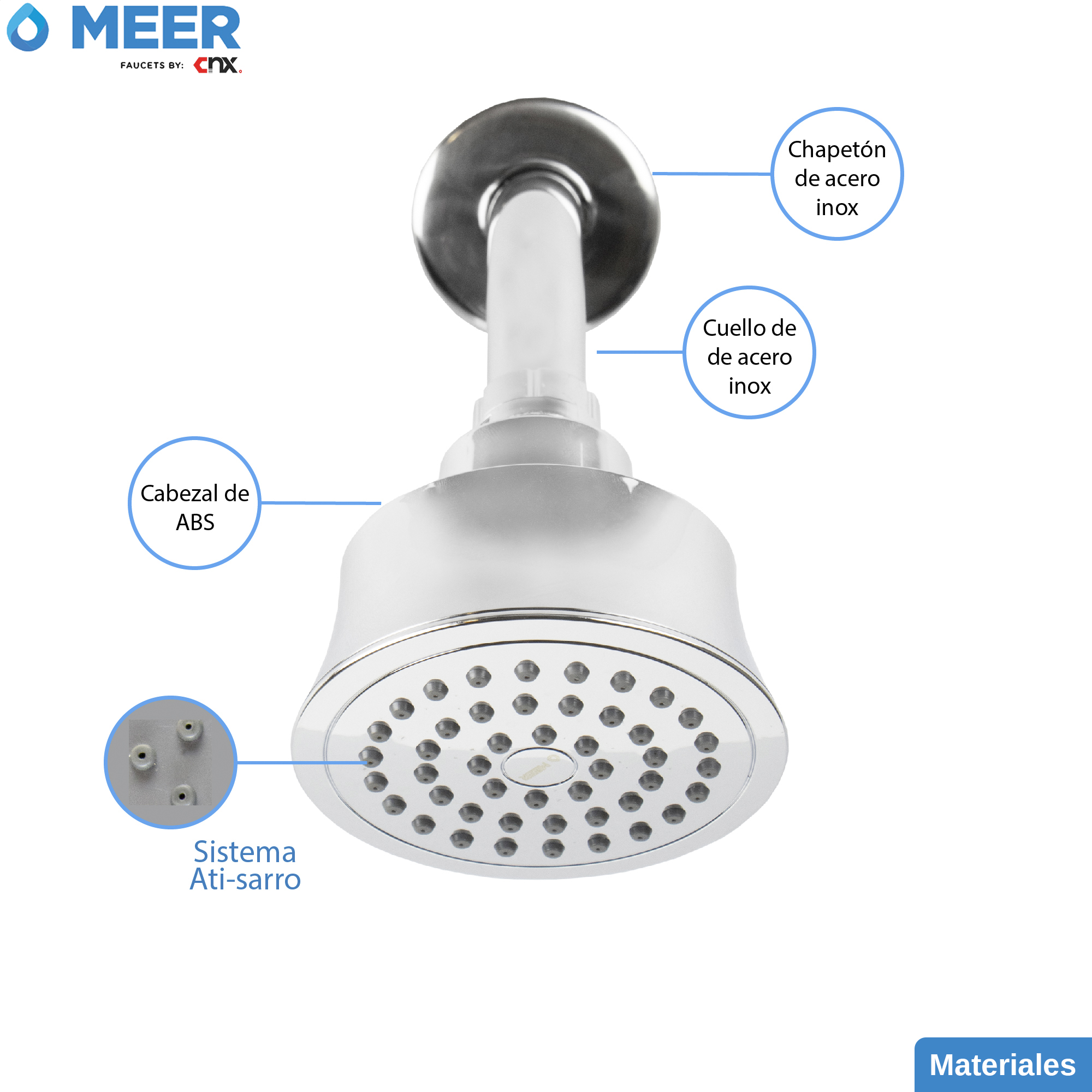 MEER Faucets  by CNX | Regadera Redonda de 10 cm con Cuello de 15 cm, Cabezal de Ducha de ABS con Tubo de Metal Cromado. Multiposición, Anti-Sarro y Funciona con Presión Baja