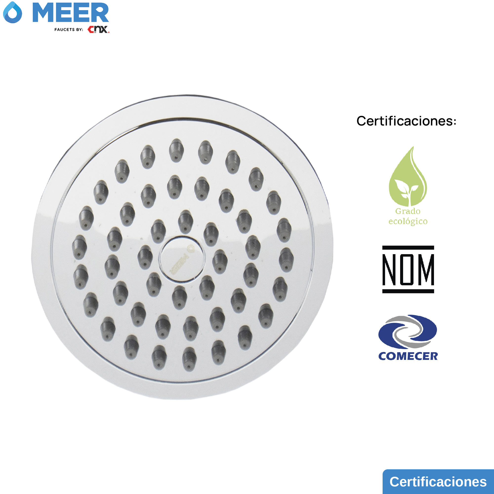 MEER Faucets  by CNX | Regadera Redonda de 10 cm con Cuello de 15 cm, Cabezal de Ducha de ABS con Tubo de Metal Cromado. Multiposición, Anti-Sarro y Funciona con Presión Baja