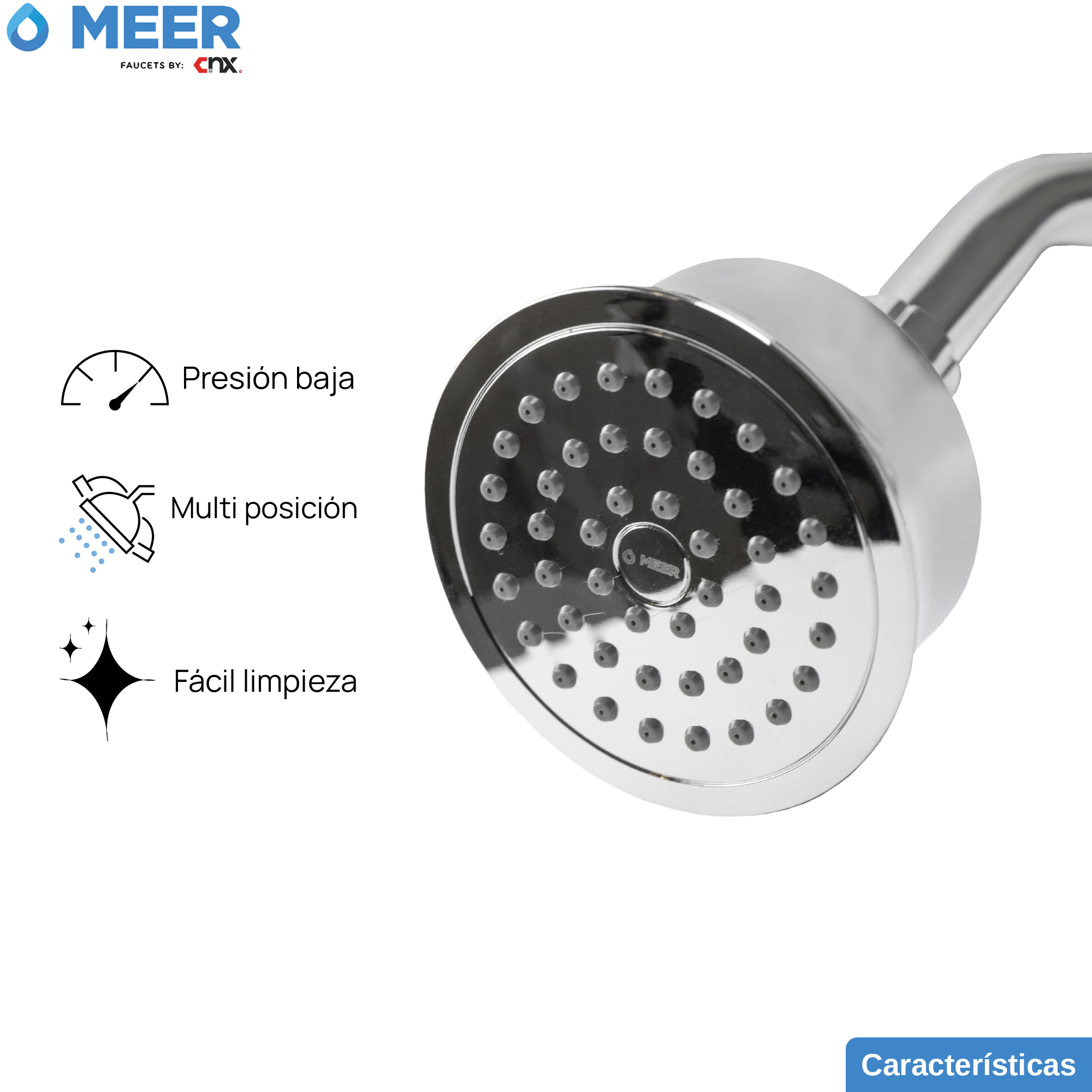 MEER Faucets  by CNX | Regadera Redonda de 10 cm con Cuello de 15 cm, Cabezal de Ducha de ABS con Tubo de Metal Cromado. Multiposición, Anti-Sarro y Funciona con Presión Baja