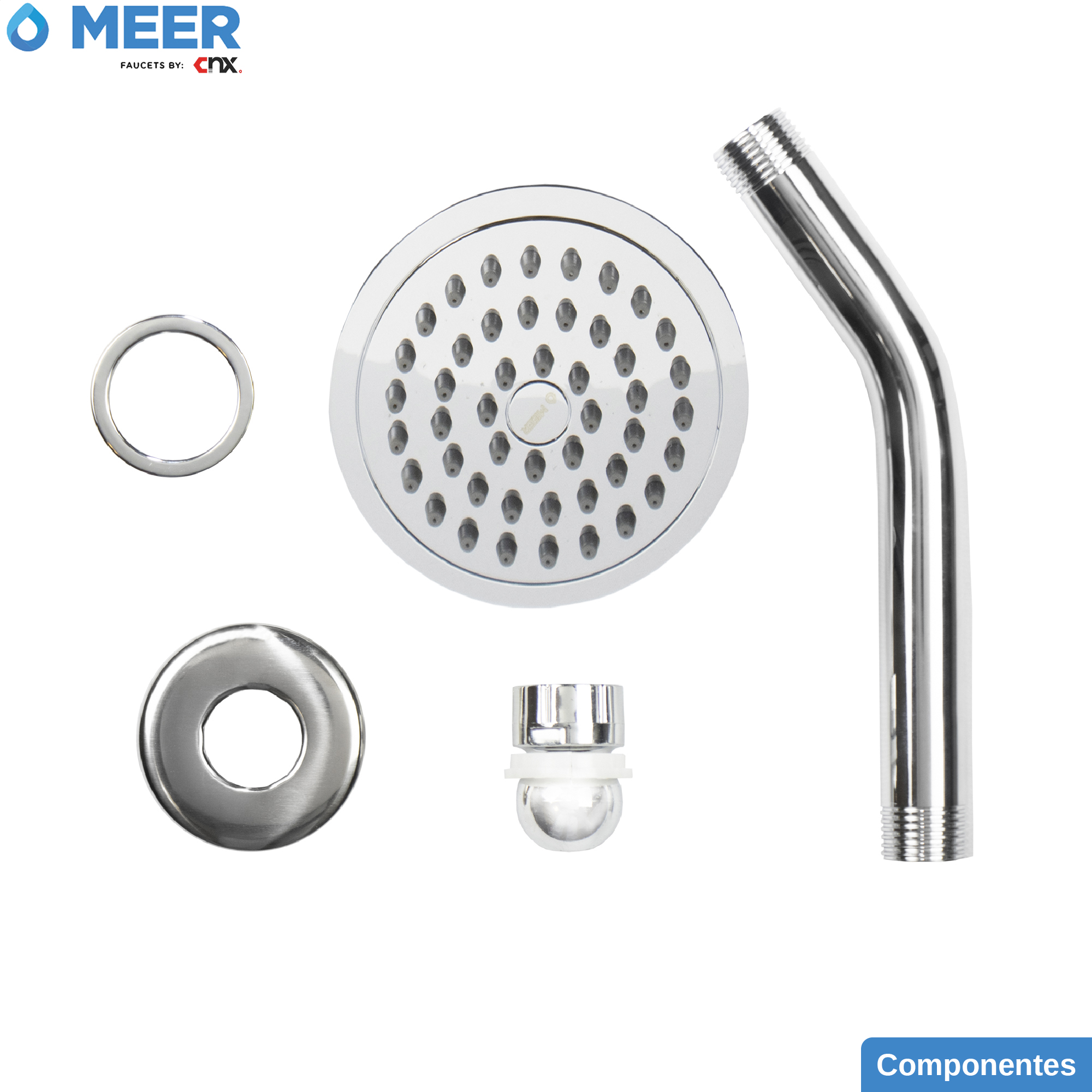 MEER Faucets  by CNX | Regadera Redonda de 10 cm con Cuello de 15 cm, Cabezal de Ducha de ABS con Tubo de Metal Cromado. Multiposición, Anti-Sarro y Funciona con Presión Baja