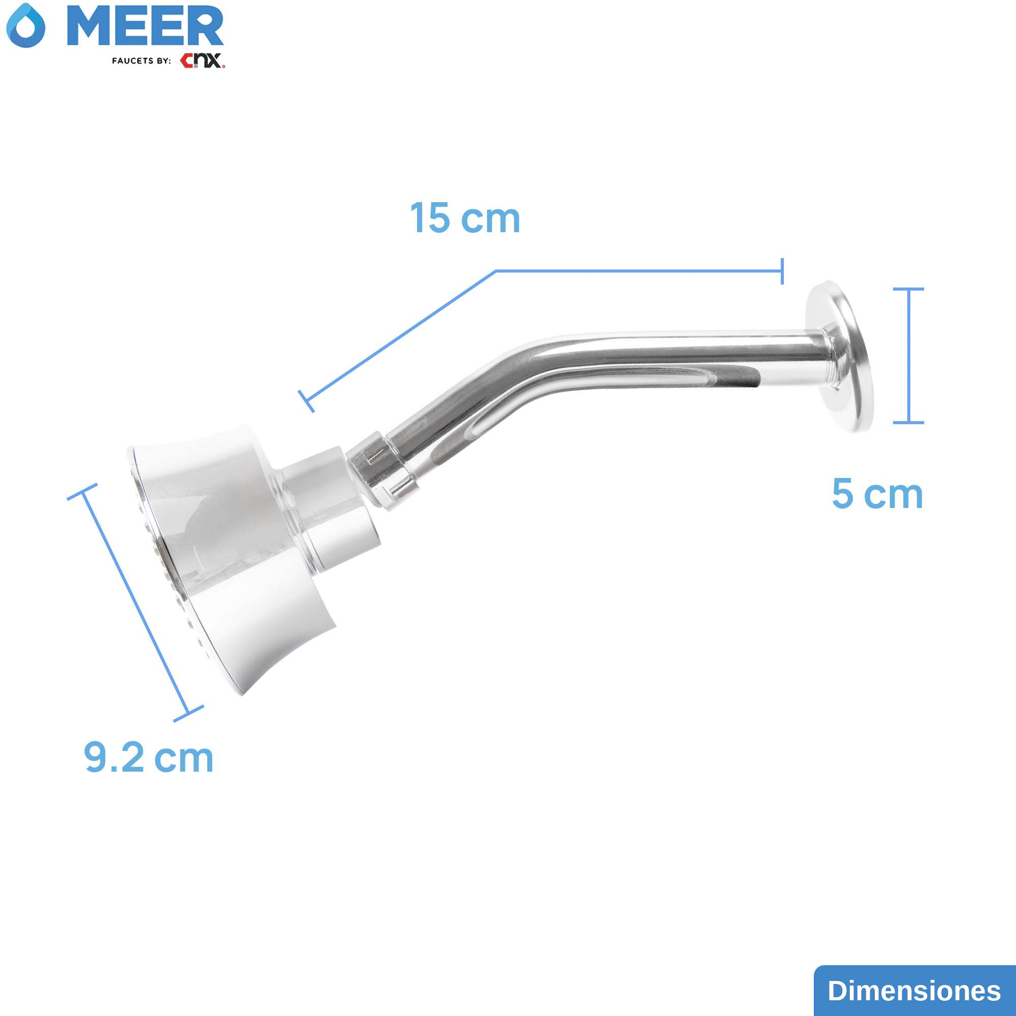 MEER Faucets  by CNX | Regadera Redonda de 10 cm con Cuello de 15 cm, Cabezal de Ducha de ABS con Tubo de Metal Cromado. Multiposición, Anti-Sarro y Funciona con Presión Baja