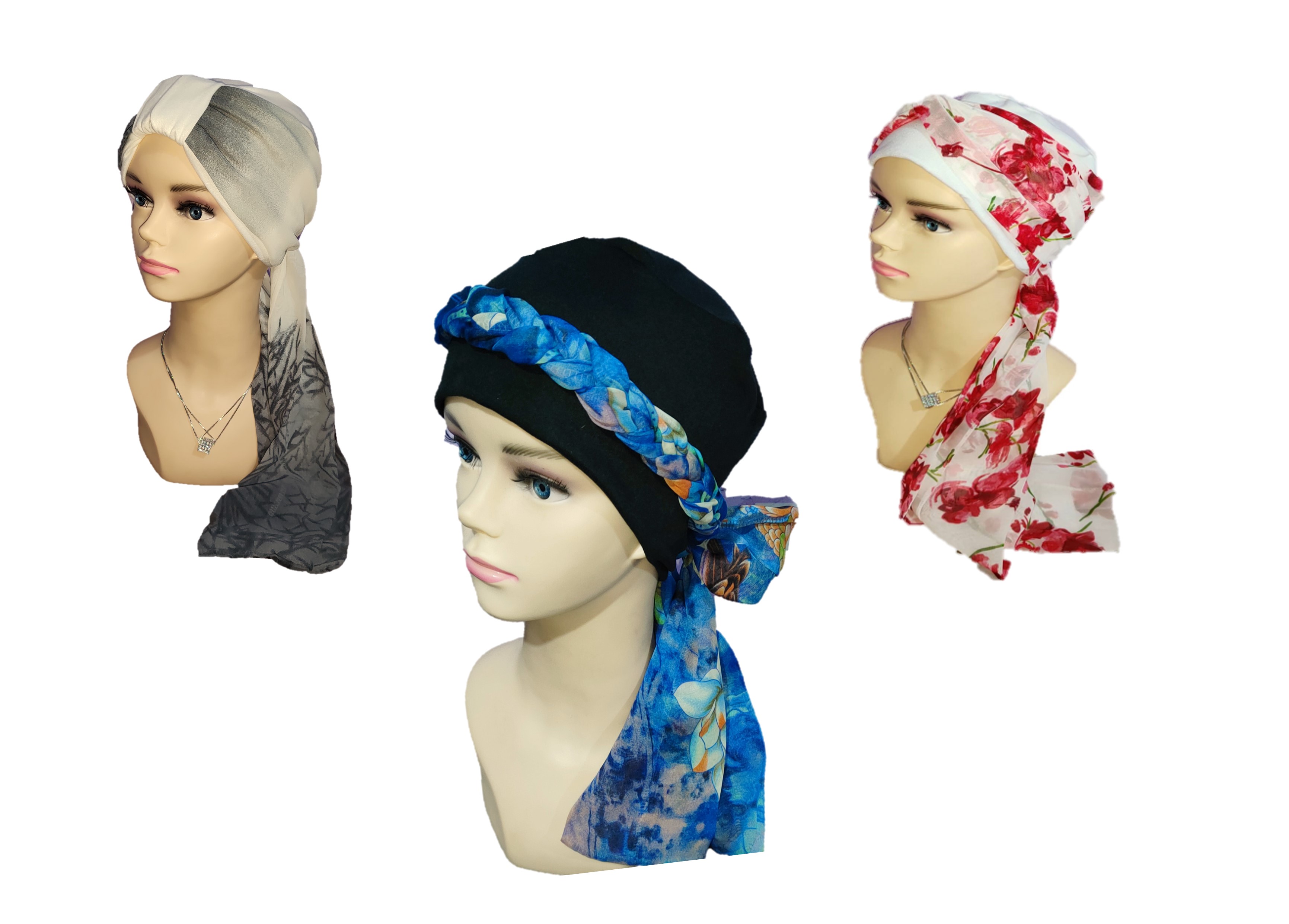 Set de 3 Turbantes Gorro Mujer Elegantes Oncológicos con Accesorios en Mascada.