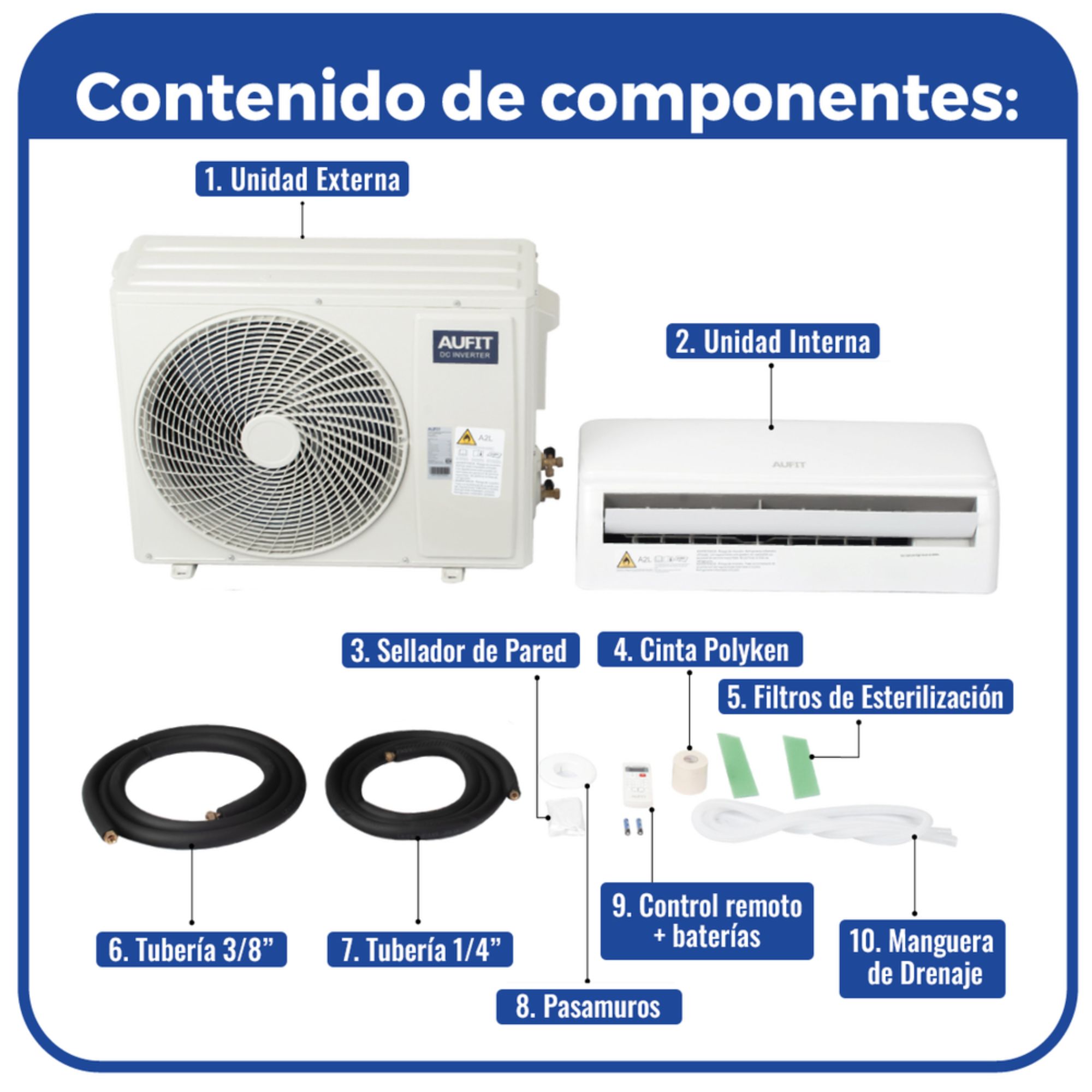 Minisplit Inverter Aufit de 1 Tonelada, 12,000 BTU, Frío y Calor, 110V, Wi-Fi, Blanco.