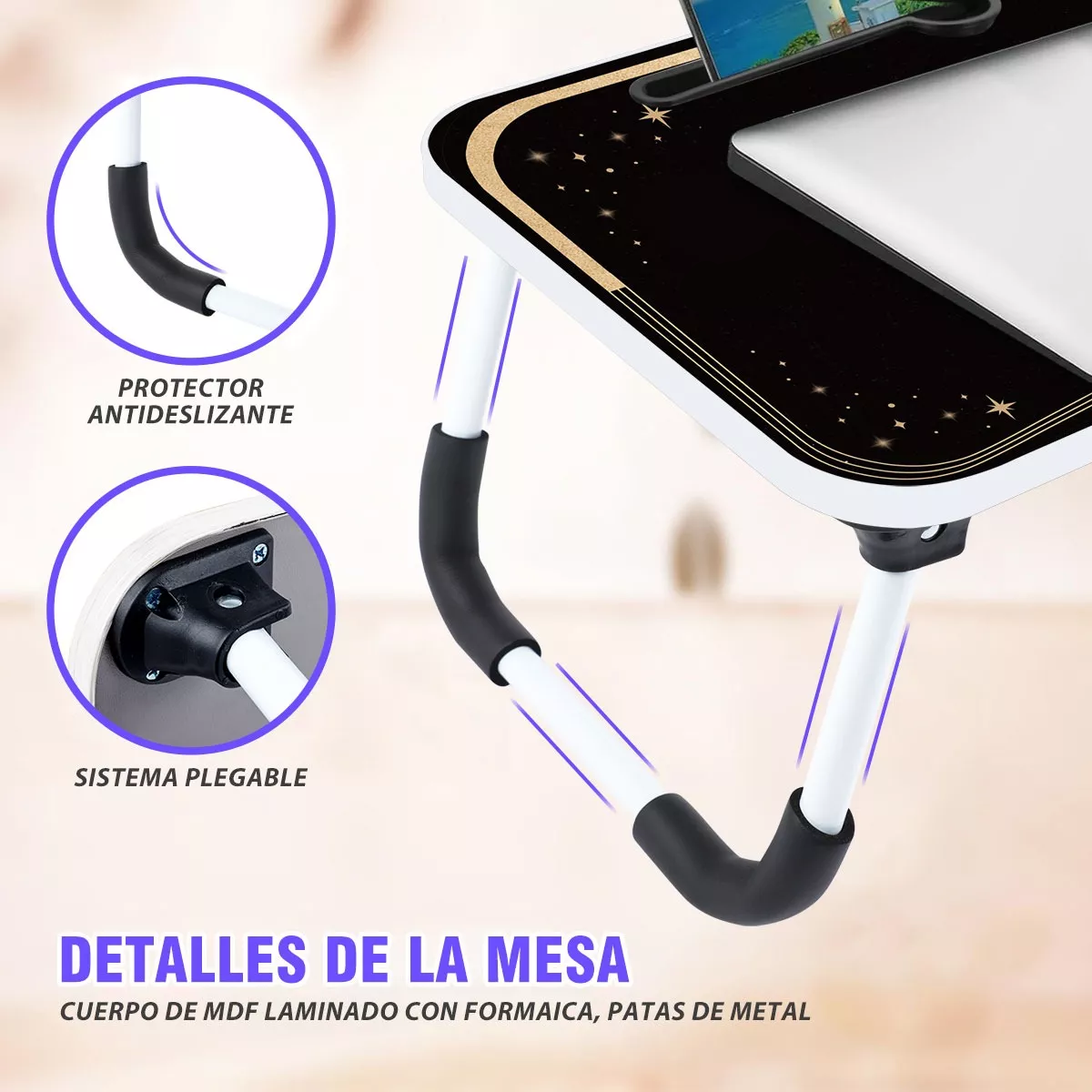 Mesa Plegable Portafolio De Madera Soporte Laptop Portátil Negro Luna