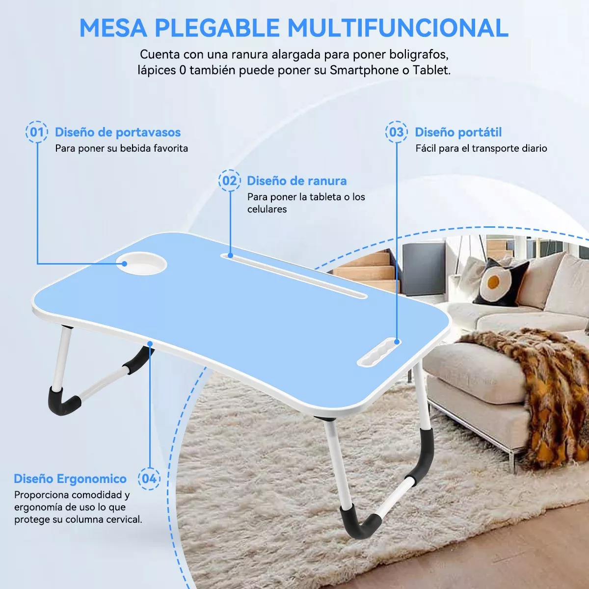 Mesa Plegable Portátil Para Laptop/cama Multiusos Escritorio Azul