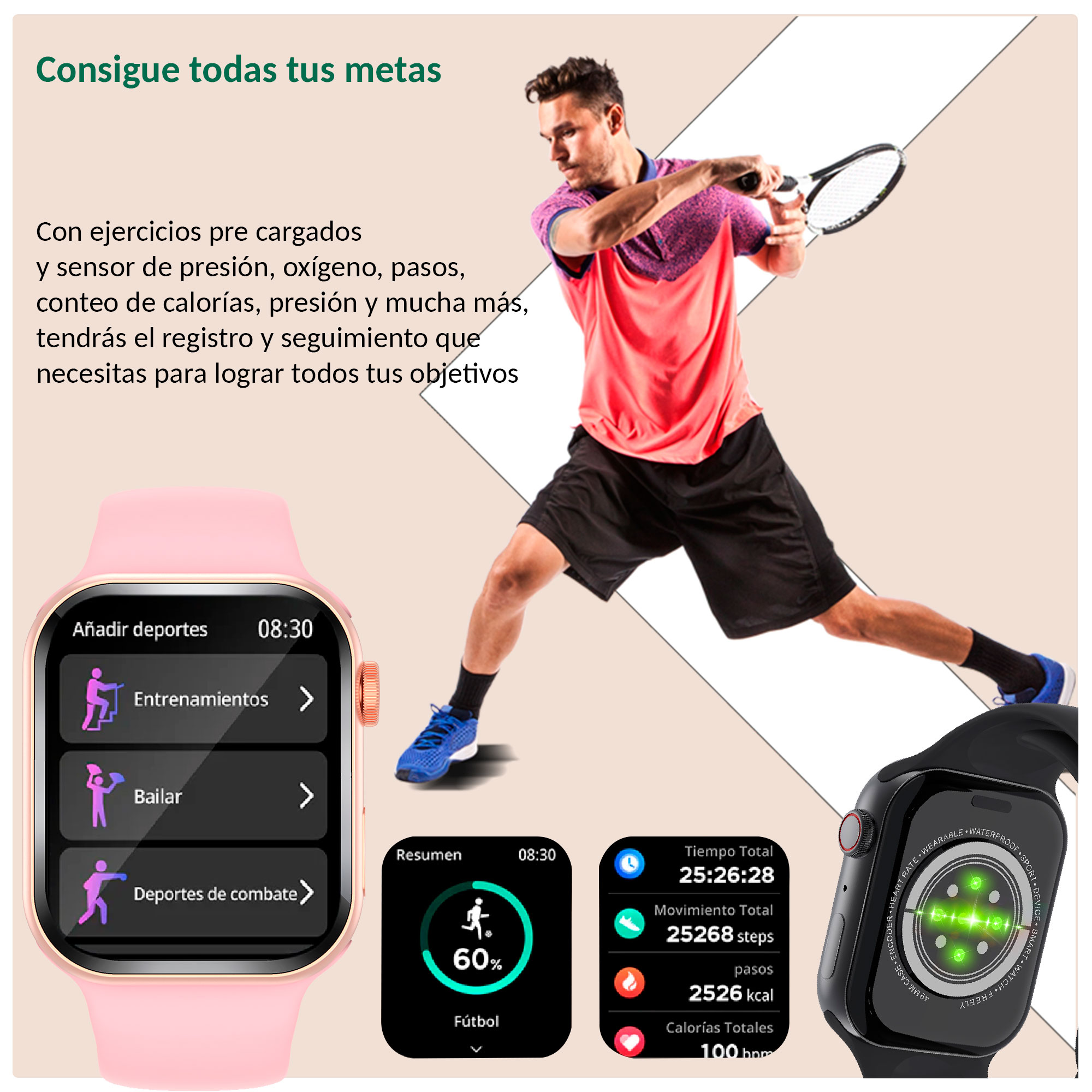 Reloj Smartwatch VAK f9 IP67 Metal Apple Health pasos Calorias Rosa