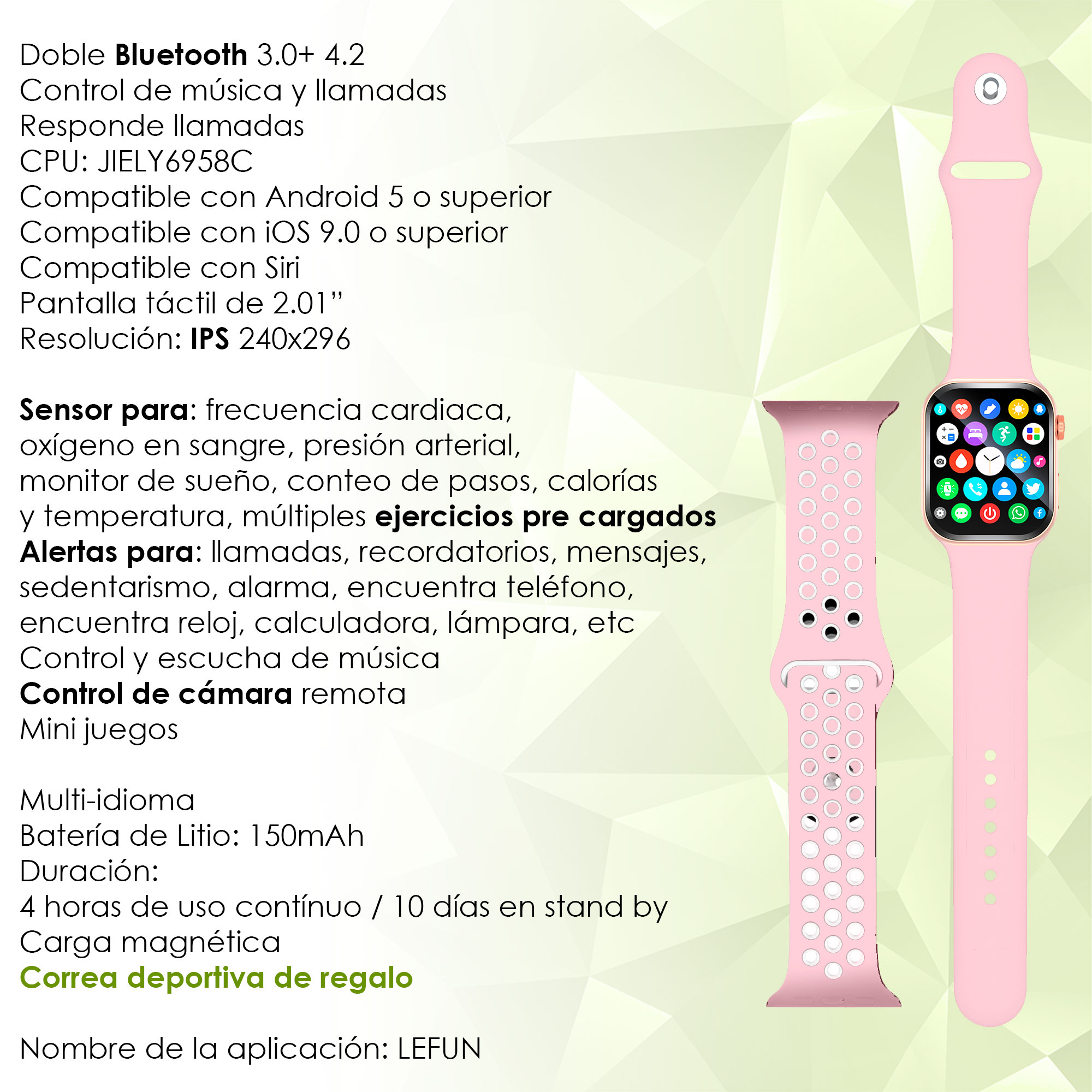 Reloj Smartwatch VAK f9 IP67 Metal Apple Health pasos Calorias Rosa