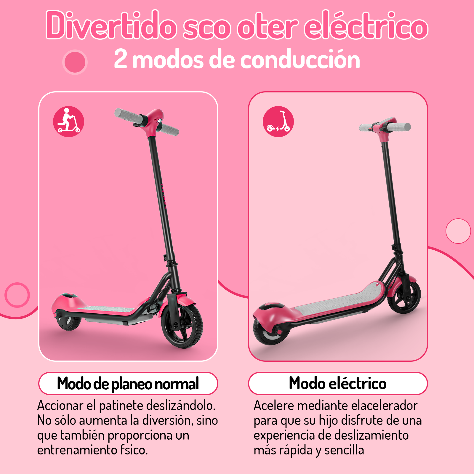 Scooter eléctrico infantil Honey Whale E2 Rosa.