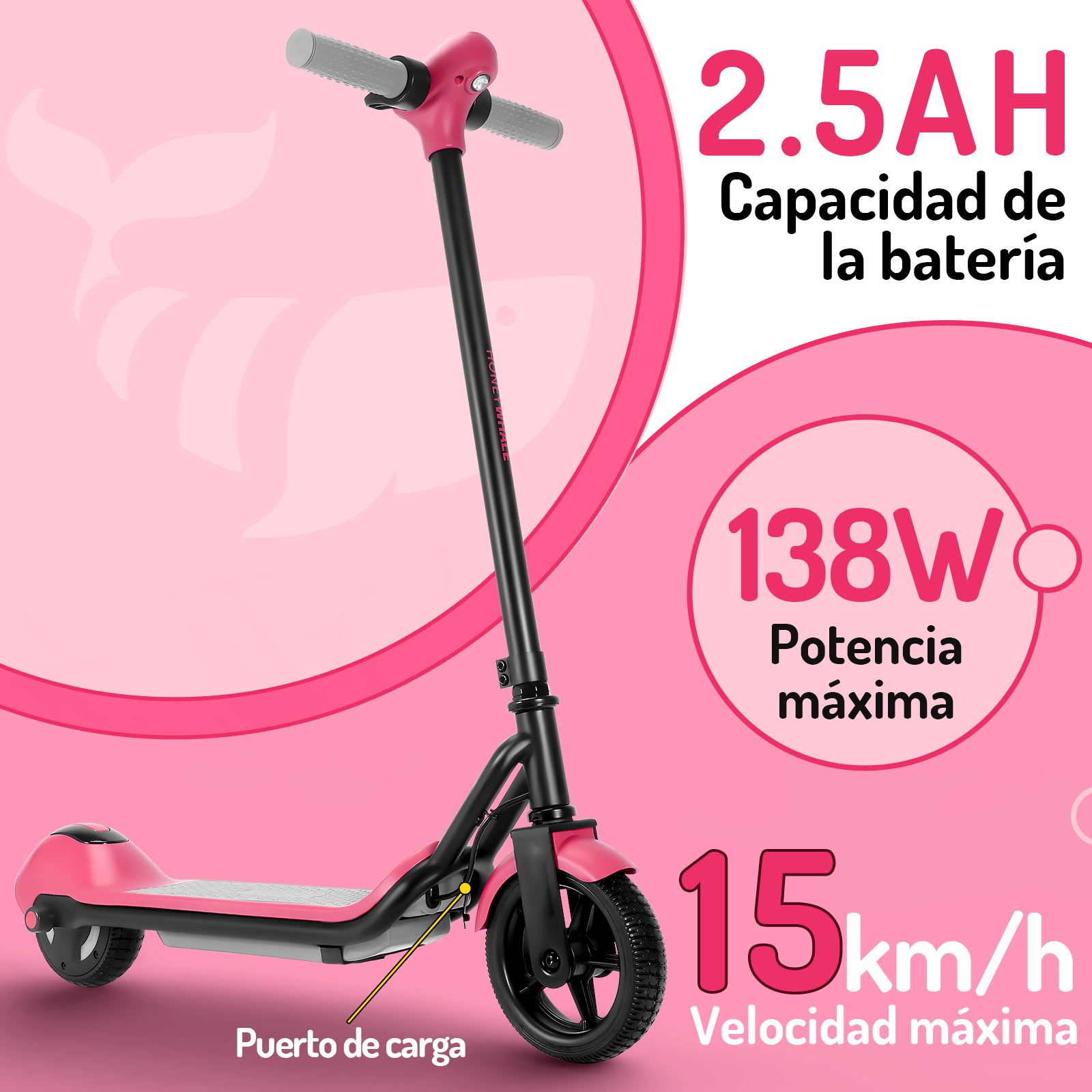 Scooter eléctrico infantil Honey Whale E2 Rosa.