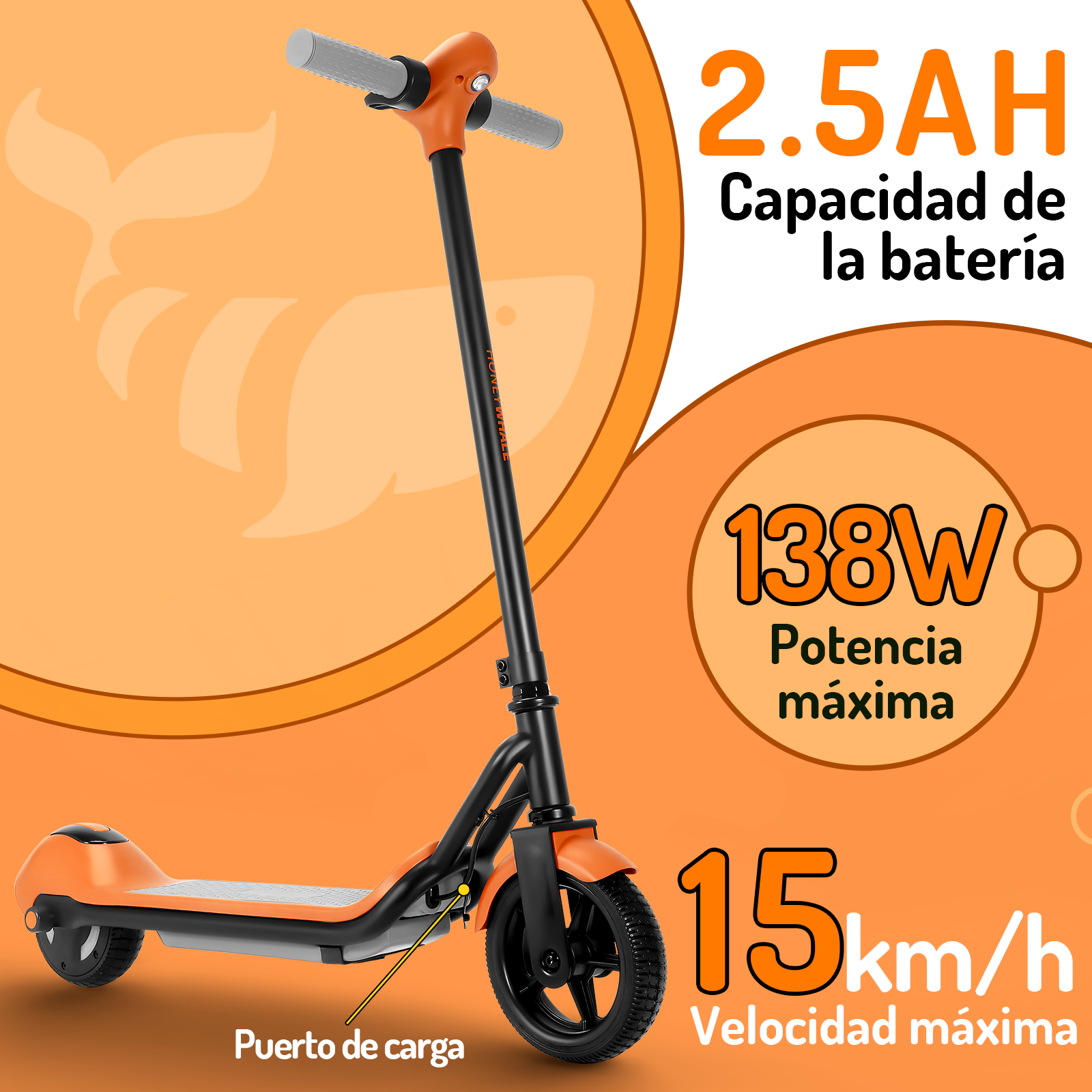 Scooter eléctrico infantil Honey Whale E2 Naranja.