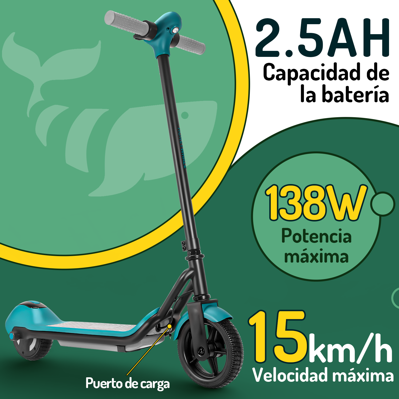 Scooter eléctrico infantil Honey Whale E2 Verde.
