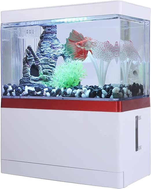 AbaqKalza Mini Pecera para Pez Betta con Filtro,1.5 Galones Pecera para Peces con Iluminación Led 3 Colores,Mini Tanque Acuario con USB Bomba de Agua para Escritorio Oficina Hogar