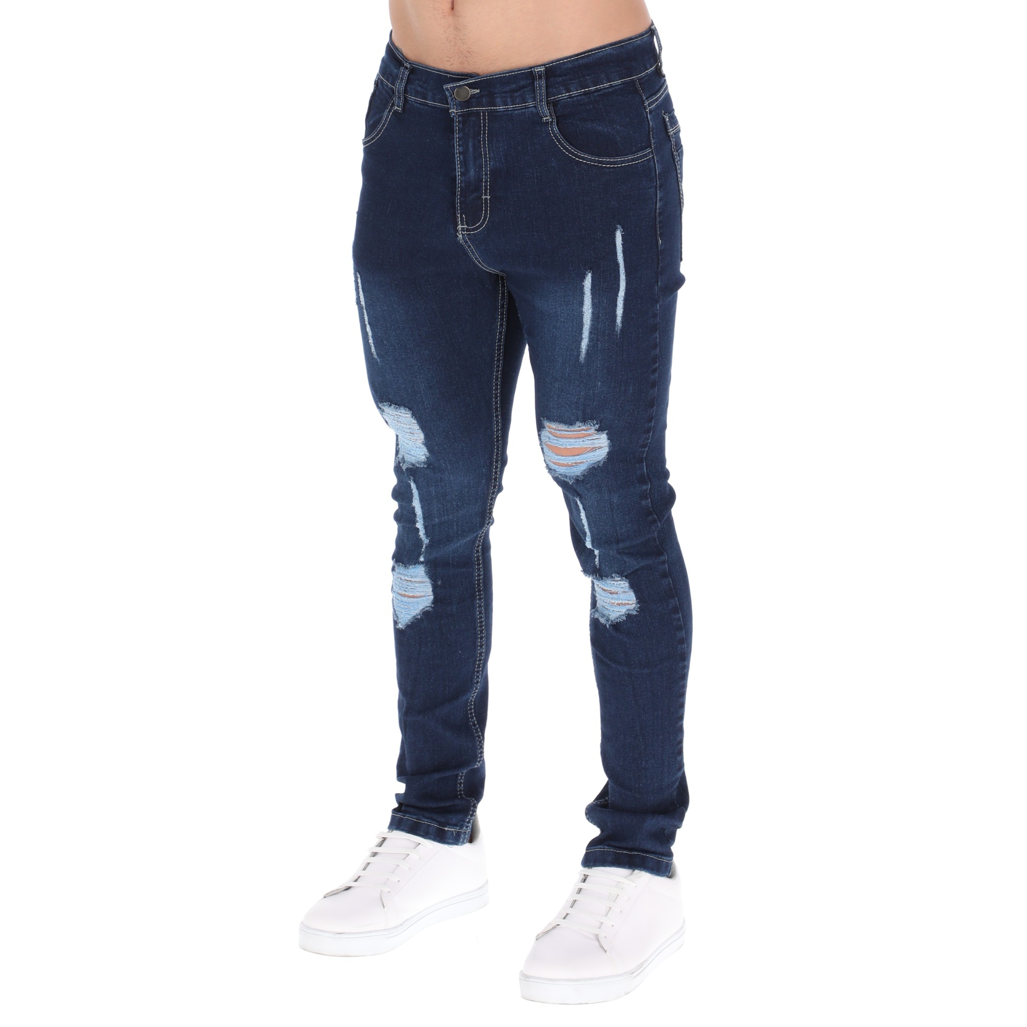Pantalones Jeans Skinny Azul Oscuro Rotos Para Hombre