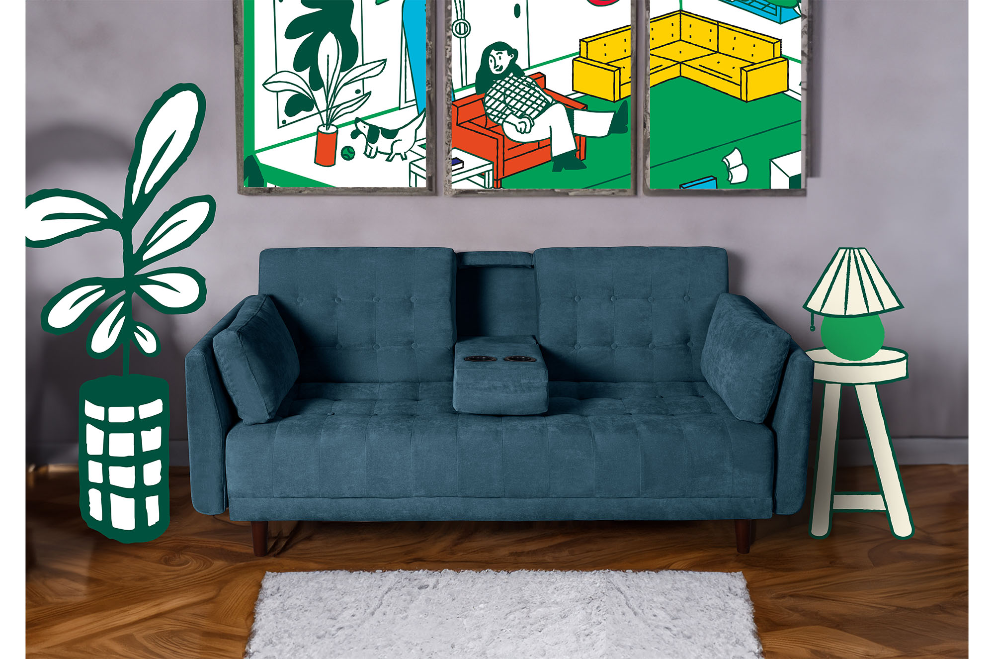 Sofá Cama Rocco Olivo Makora Beehive de velvet con portavasos.