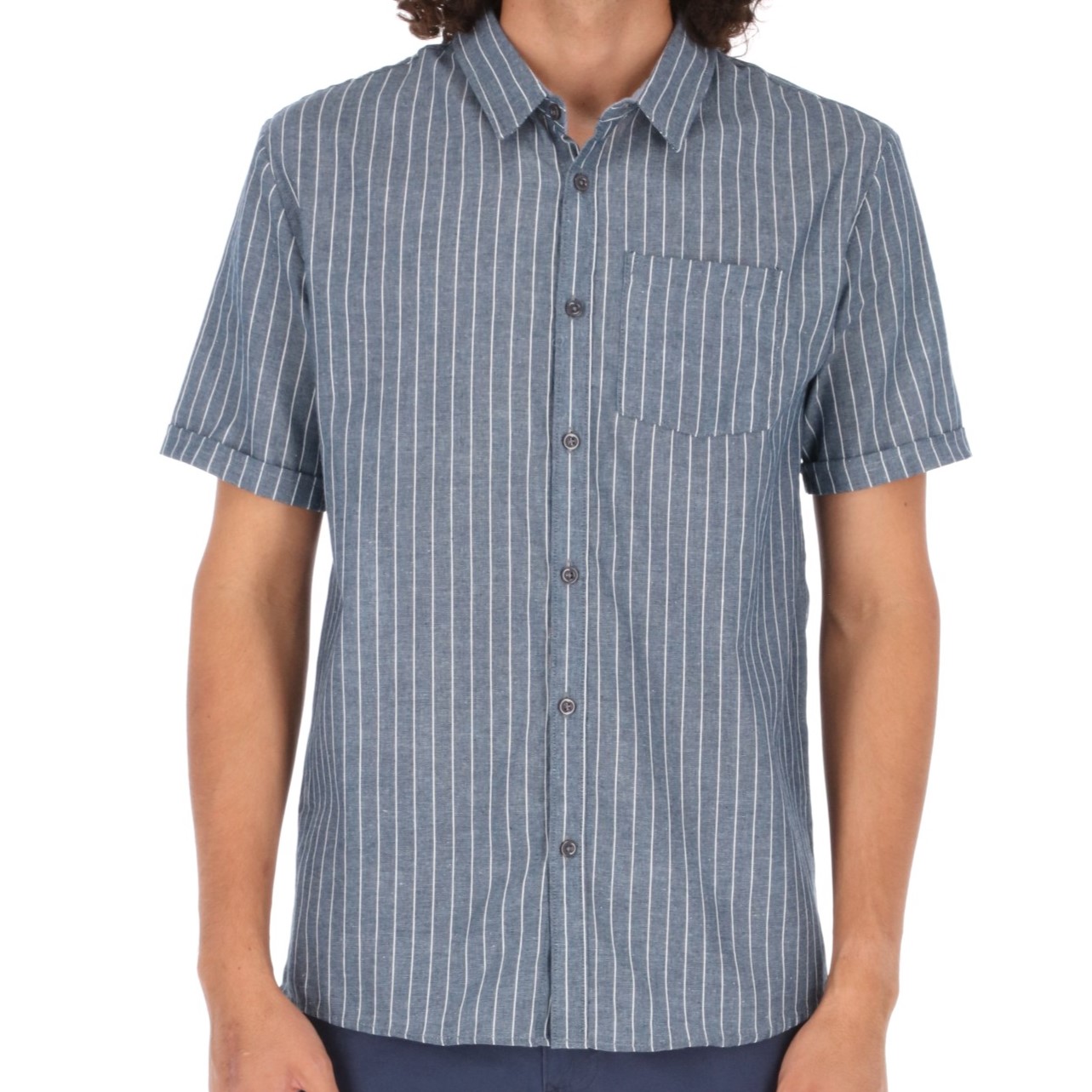 Camisa Manga Corta Slim Fit Azul Marino de Rayas
