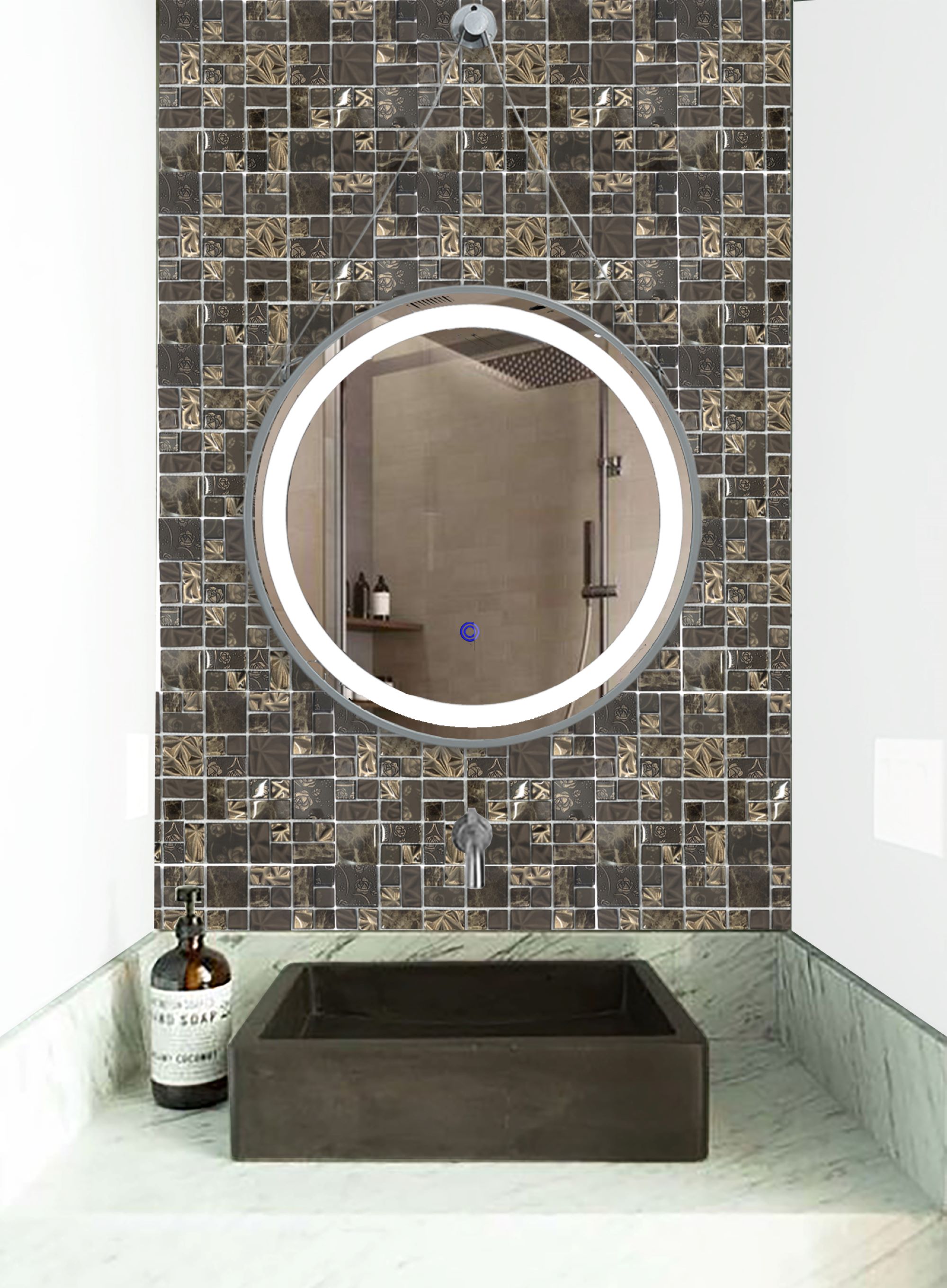 Malla o Mosaico Decorativo de vidrio BUI, medida 30 x 30 cms. (base por altura). Diseño en tonos cafés, con detalles marmoleados y en relieve. Caja de 5 piezas.