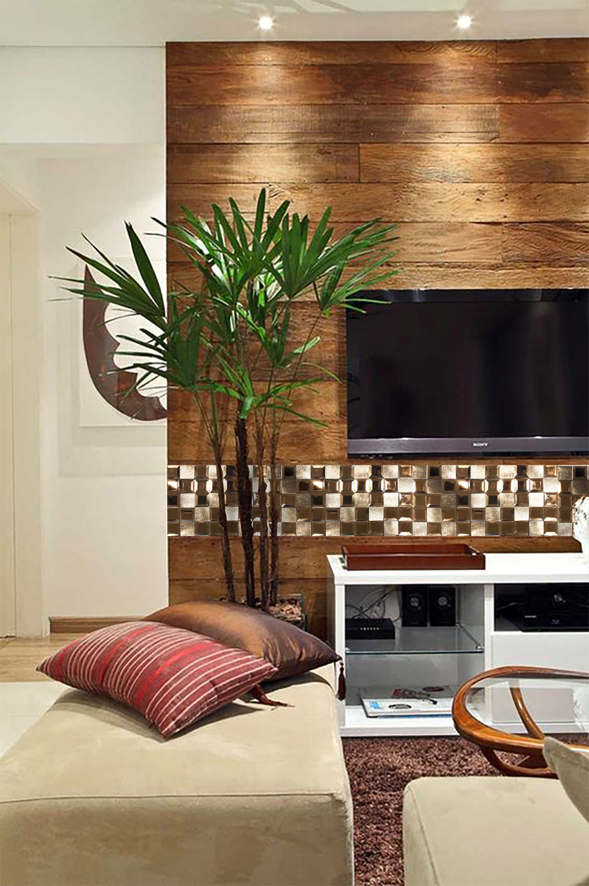 Malla o mosaico decorativo adherible de vidrio y aluminio BER, medida 30 X 30 cms. (base por altura). Diseño en tonos café. Caja de 5 piezas.