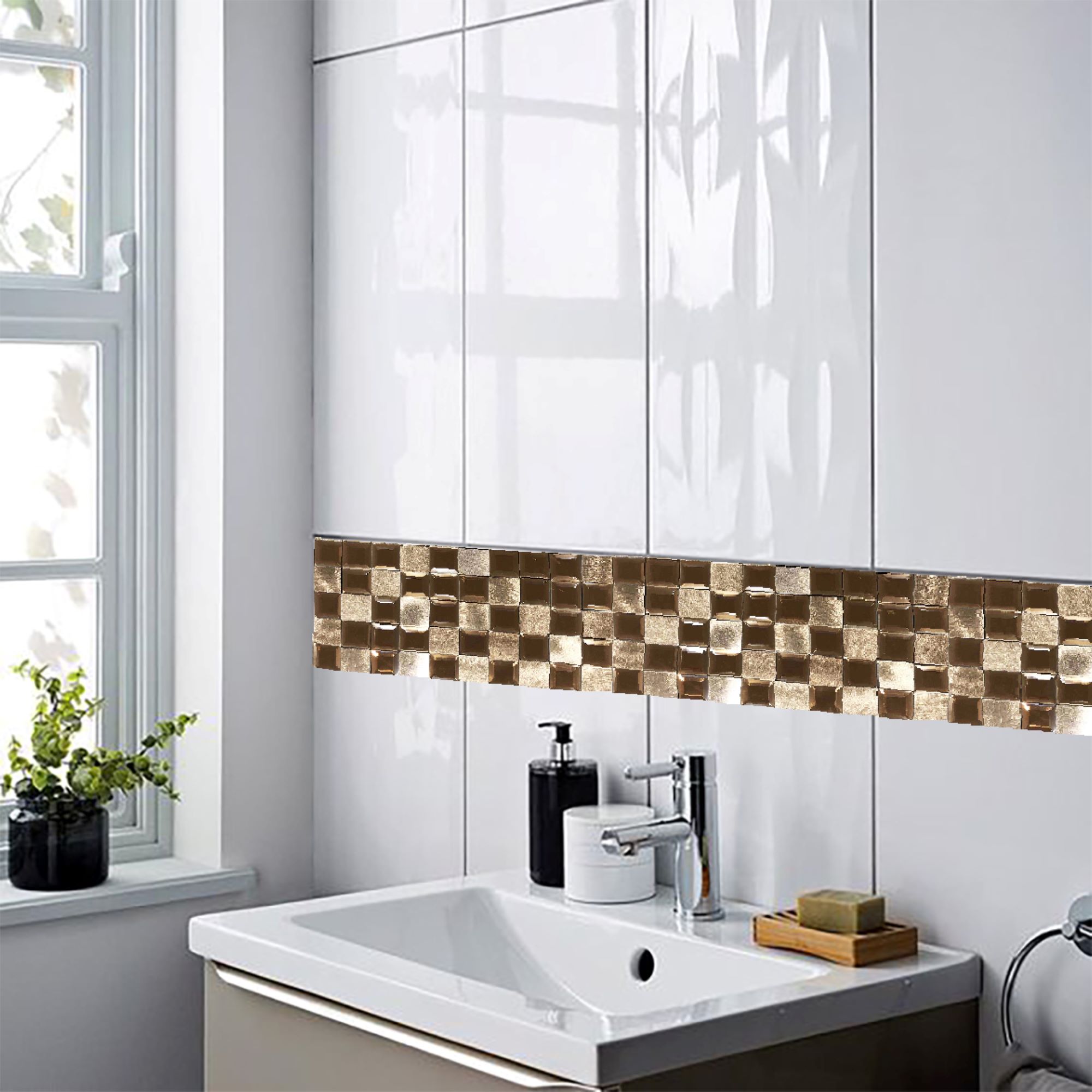 Malla o mosaico decorativo adherible de vidrio y aluminio BER, medida 30 X 30 cms. (base por altura). Diseño en tonos café. Caja de 5 piezas.