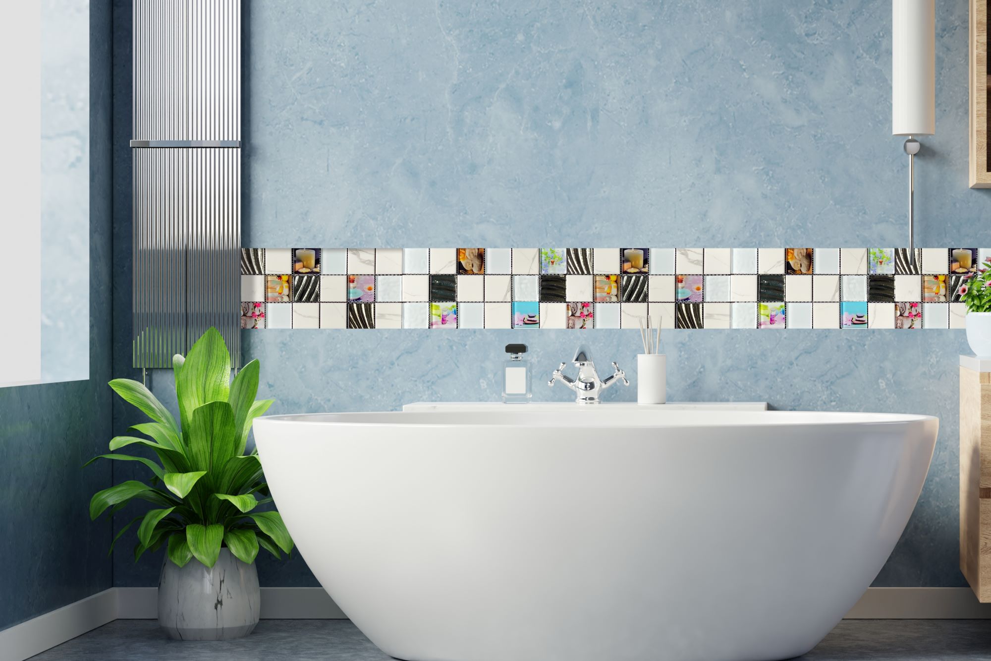 Malla o Mosaico Decorativo de Vidrio REL, medida 30x30 Cms (base por altura) Diseño en tono blanco marmoleado con imágenes alusivas a un spa y naturaleza, con detalles en relieve. Caja con 5 piezas.