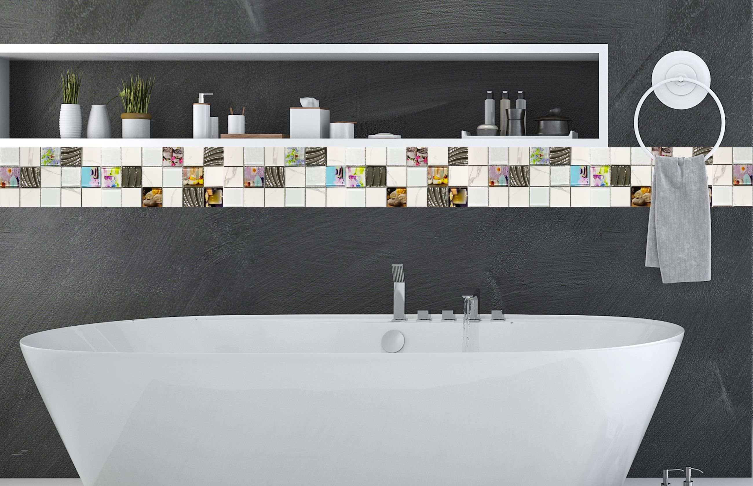 Malla o Mosaico Decorativo de Vidrio REL, medida 30x30 Cms (base por altura) Diseño en tono blanco marmoleado con imágenes alusivas a un spa y naturaleza, con detalles en relieve. Caja con 5 piezas.