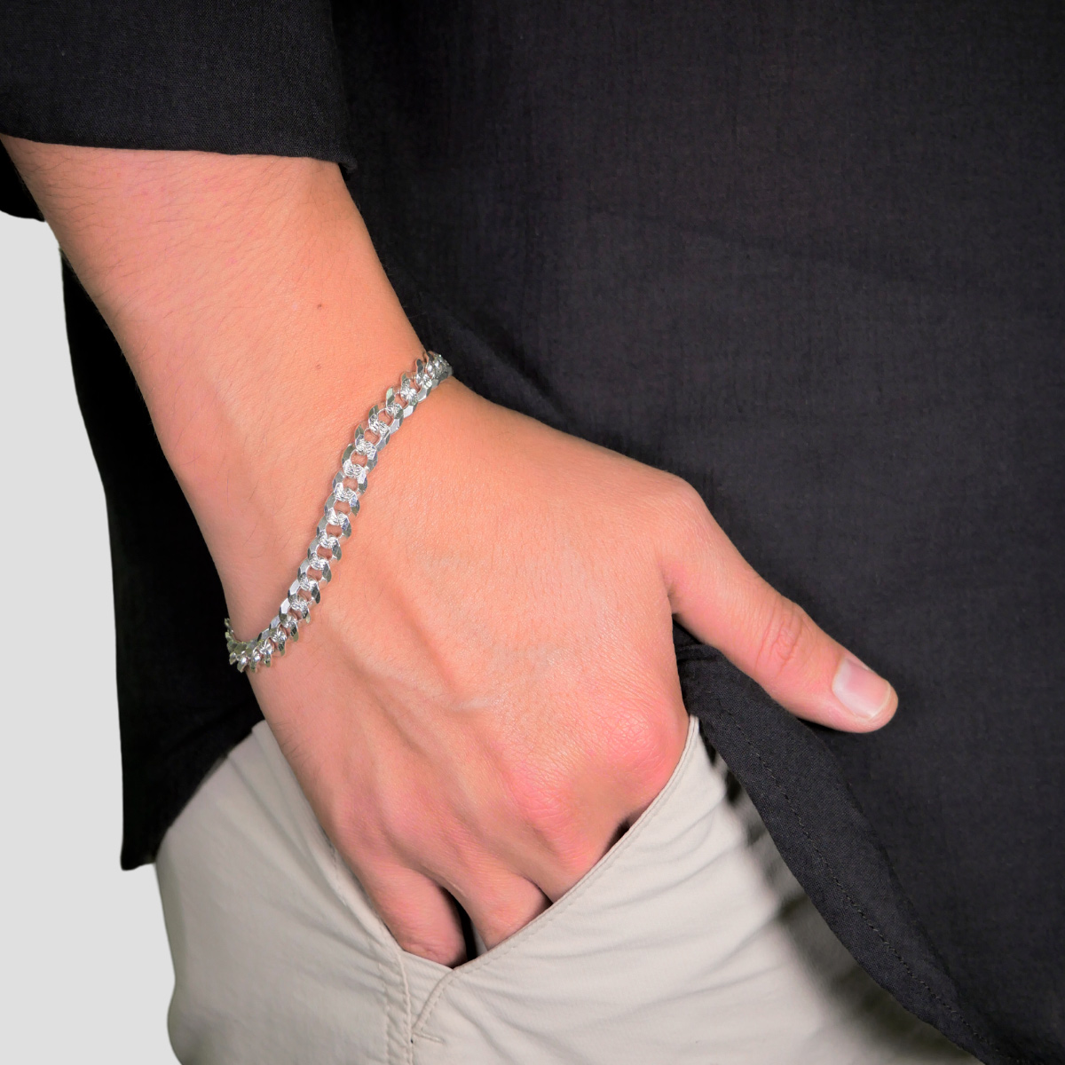 Pulsera de plata 925 diamantado para hombre estilo barbada cubana.