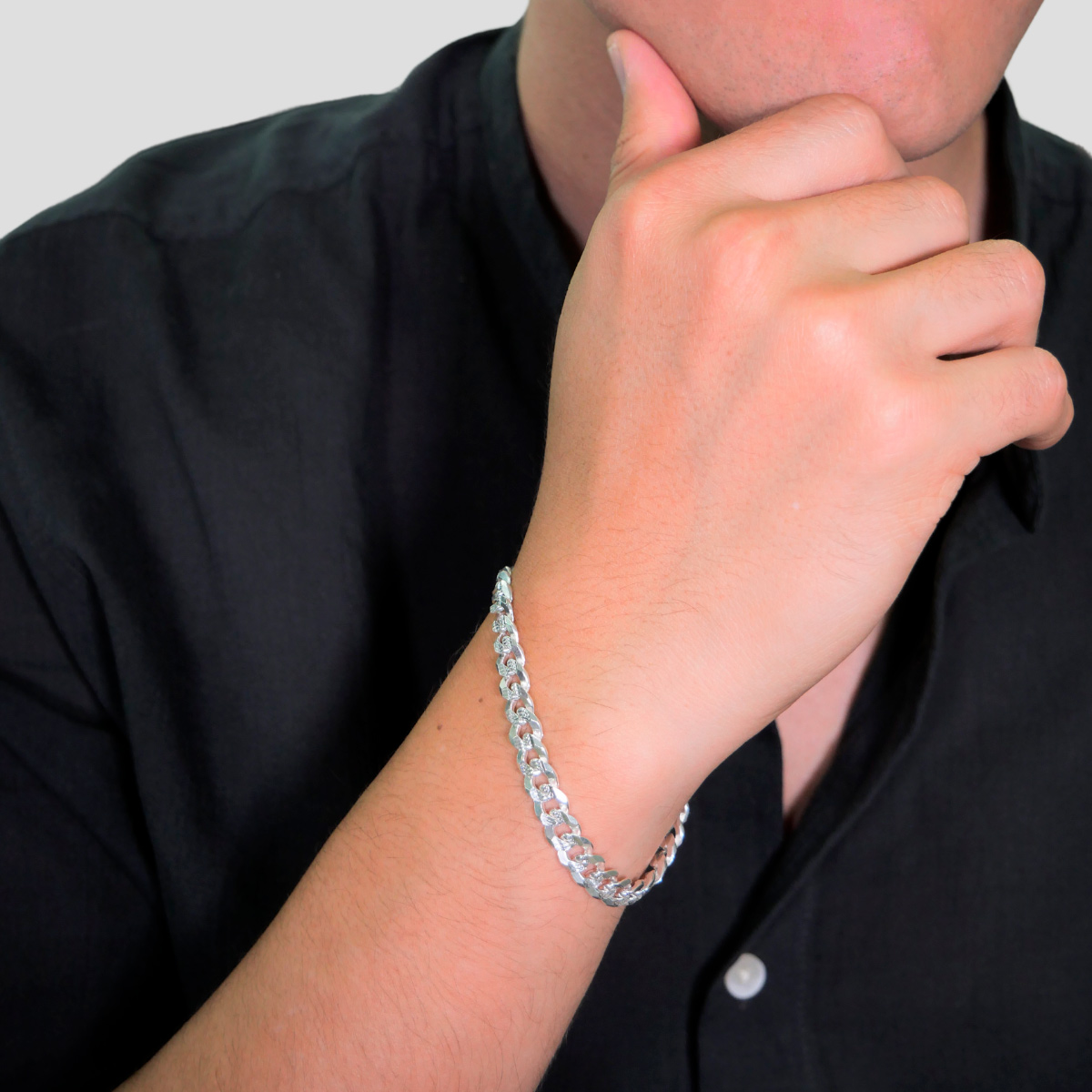 Pulsera de plata 925 diamantado para hombre estilo barbada cubana.