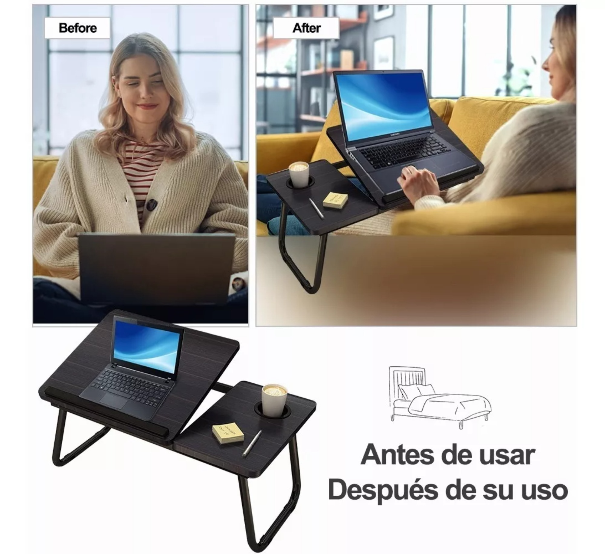 Mesa Cama Portátil Plegable Para Laptop Soporte Altura Ajust Color Negro