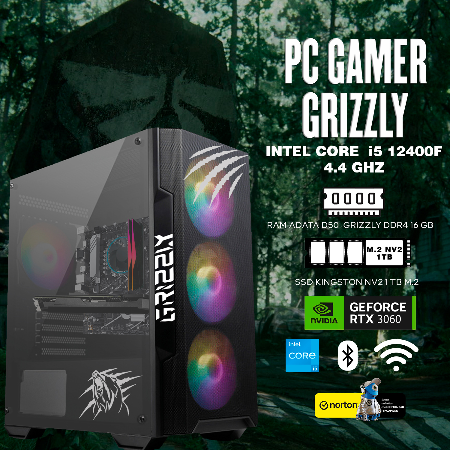 PC Gamer Grizzly Intel Core I5 12400F 4.4 Ghz, Nvidia Rtx 3060 Ram 16 Gb M.2 Nv2 1 Tb Wifi.
