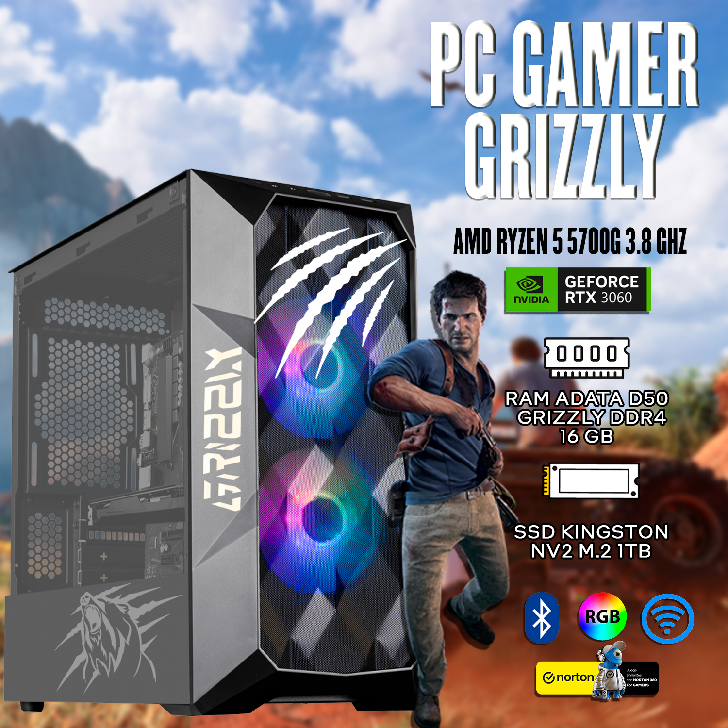 PC Gamer Grizzly Amd Ryzen 7 5700G 3.8 Ghz Nvidia Rtx 3060 Ram 16 Gb M.2 Nv2 1Tb Wifi BT.