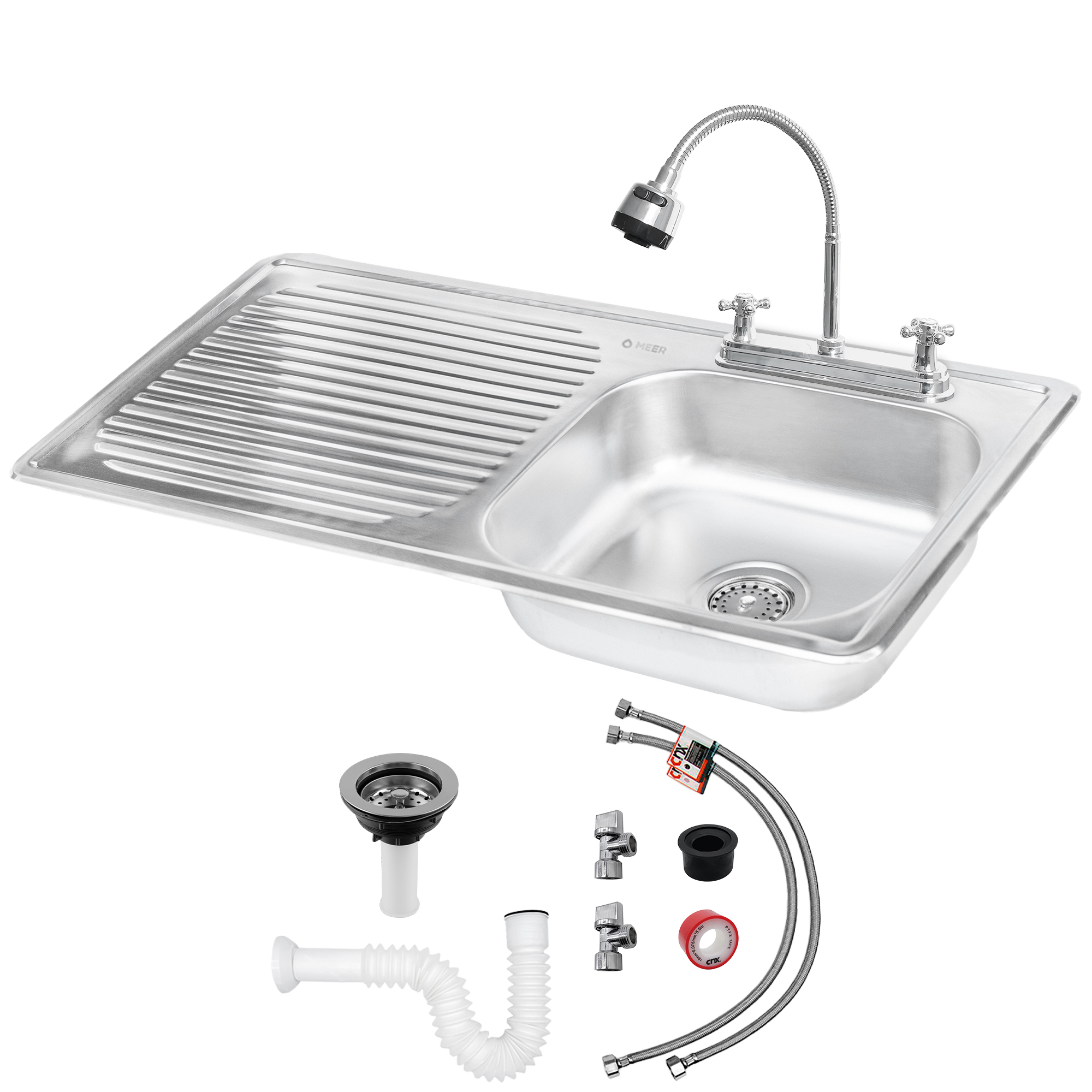 MEER Faucets by CNX | Fregadero de Cocina con Escurridero (100 x 50 x 15 cm) de Acero Inoxidable, Mezcladora Flexible con Dos Tipos de Chorro y Accesorios de Instalación
