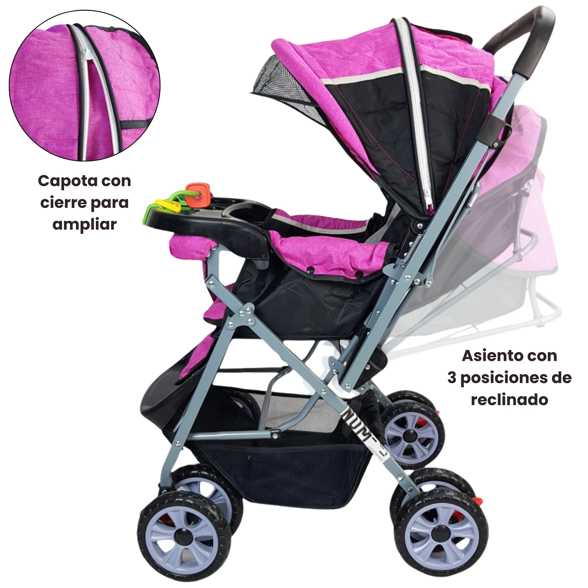Carriola Reversible con Charola 3 Posiciones de Reclinado Toldo Plegable  - Rosa.