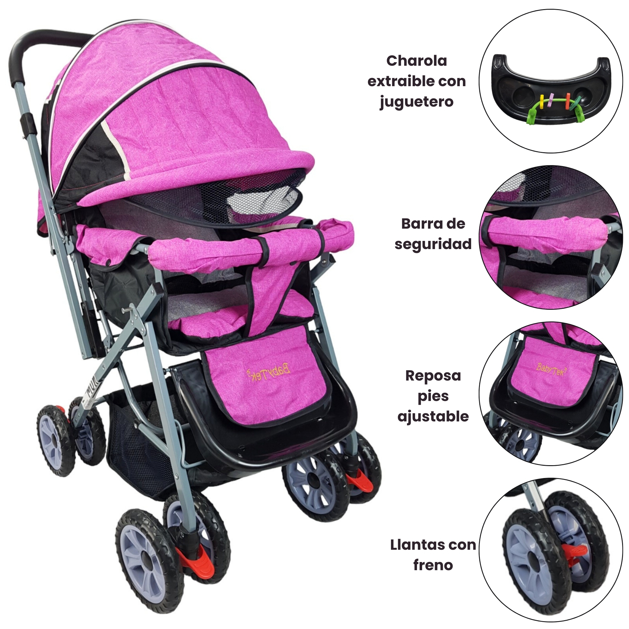 Carriola Reversible con Charola 3 Posiciones de Reclinado Toldo Plegable  - Rosa.