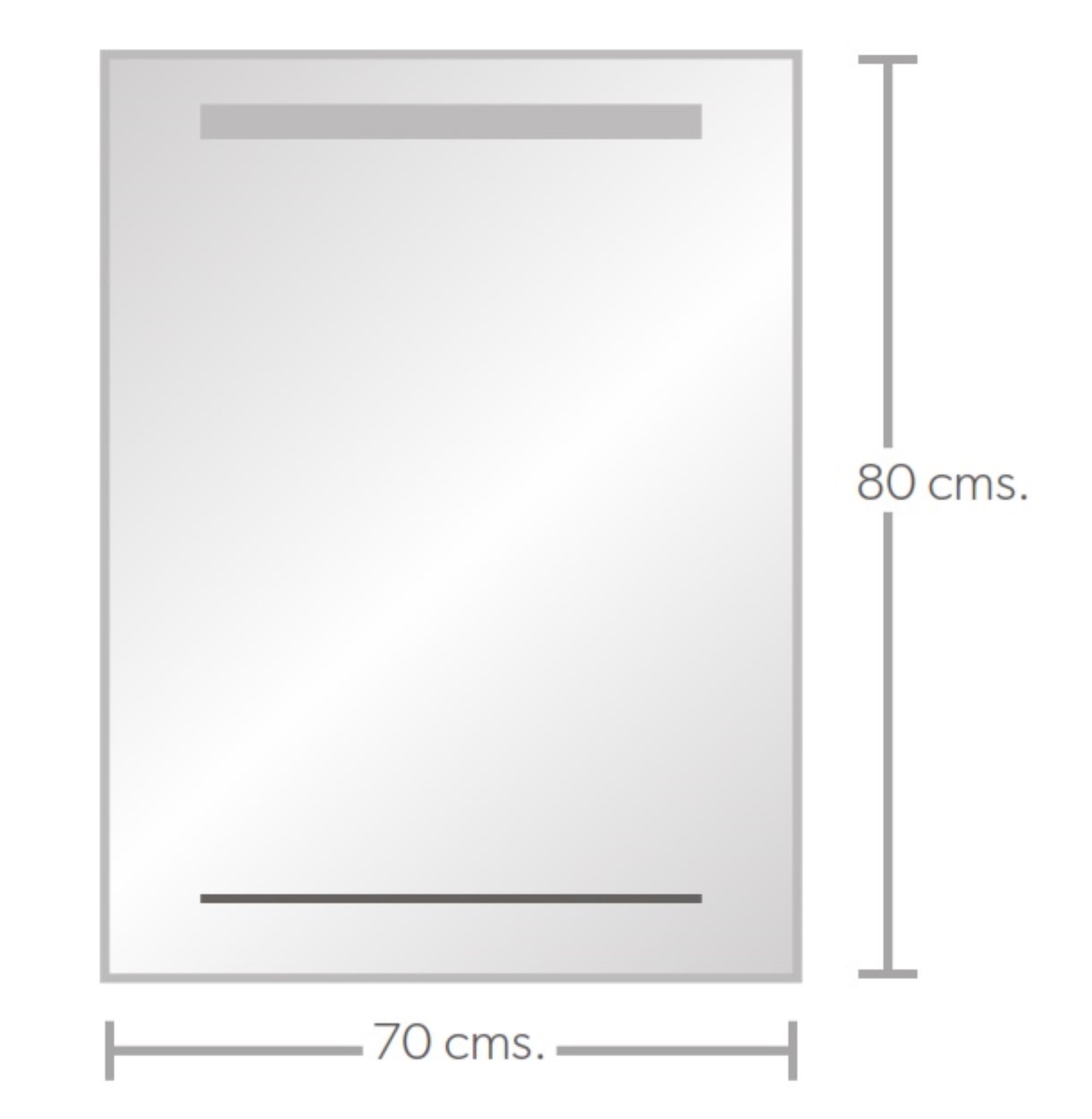 Espejo VA con iluminación LED de 70 X 80 cms. (base por altura) Forma rectangular con interruptor. Conexión de clavija a luz eléctrica.