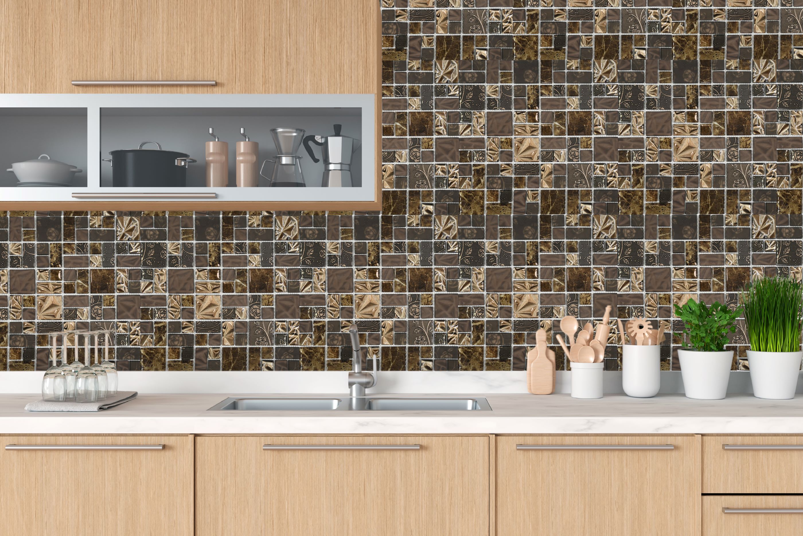 Malla o Mosaico Decorativo de vidrio BUI, medida 30 x 30 cms. (base por altura). Diseño en tonos cafés, con detalles marmoleados y en relieve. Caja de 5 piezas.