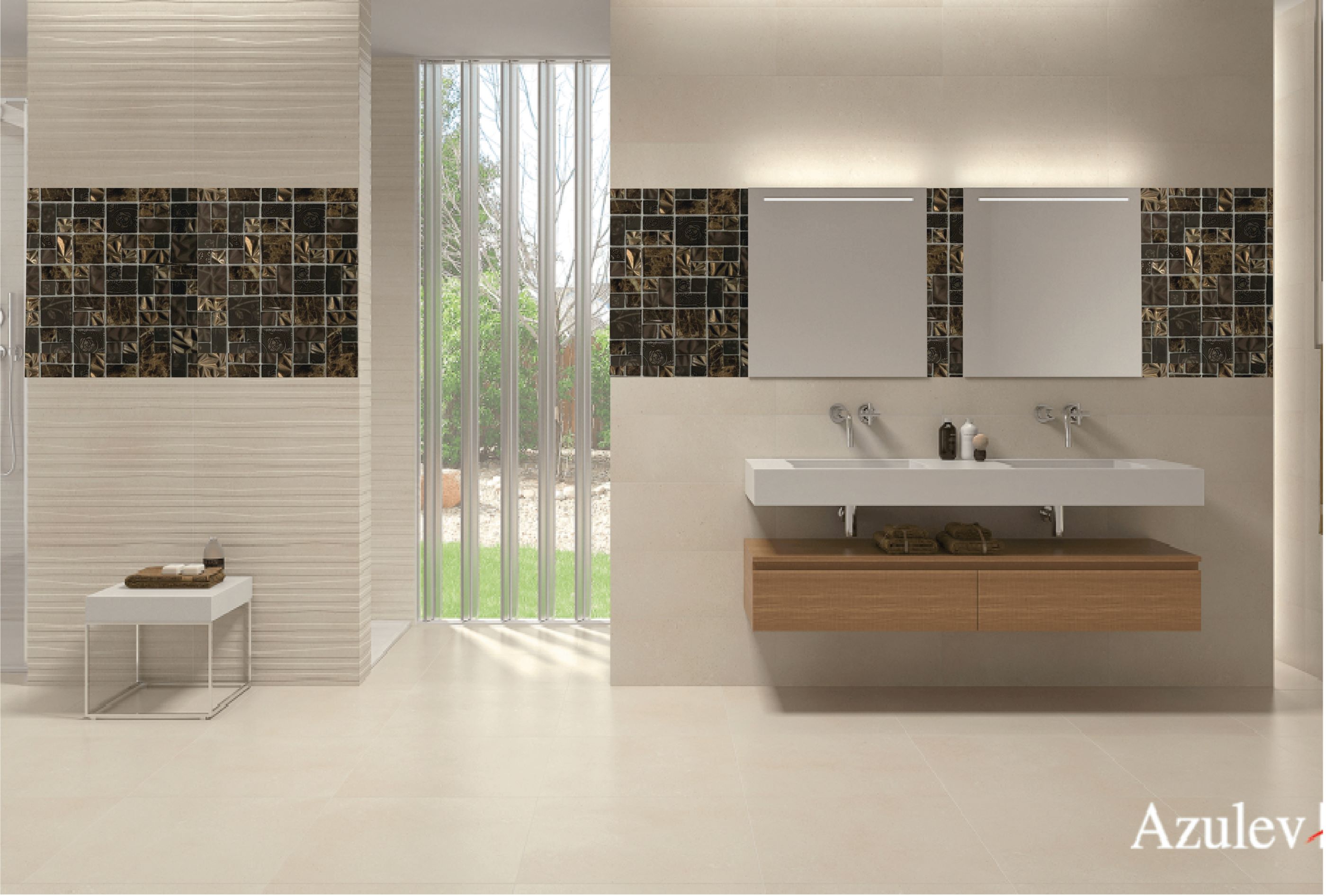 Malla o Mosaico Decorativo de vidrio BUI, medida 30 x 30 cms. (base por altura). Diseño en tonos cafés, con detalles marmoleados y en relieve. Caja de 5 piezas.