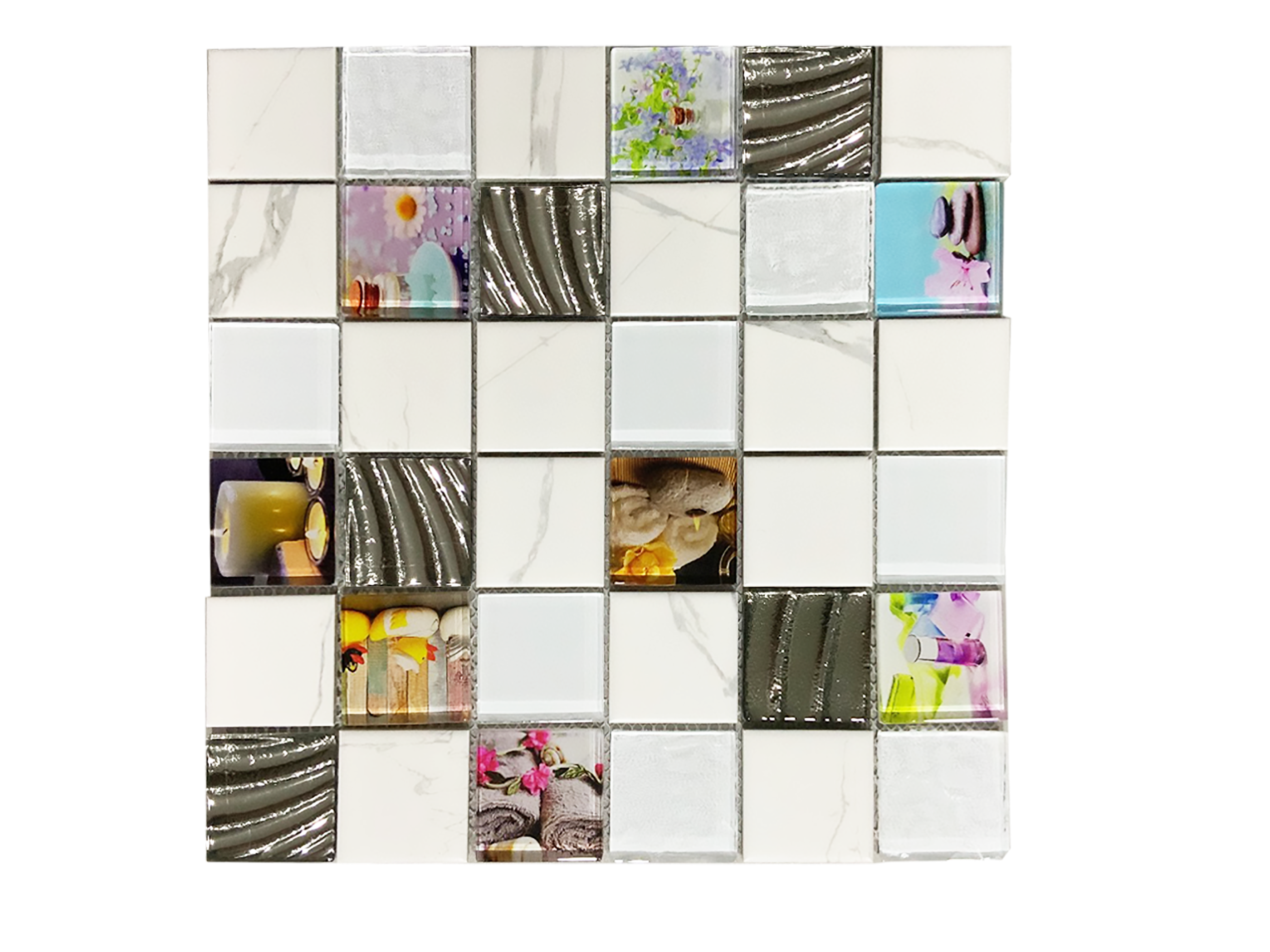 Malla o Mosaico Decorativo de Vidrio REL, medida 30x30 Cms (base por altura) Diseño en tono blanco marmoleado con imágenes alusivas a un spa y naturaleza, con detalles en relieve. Caja con 5 piezas.