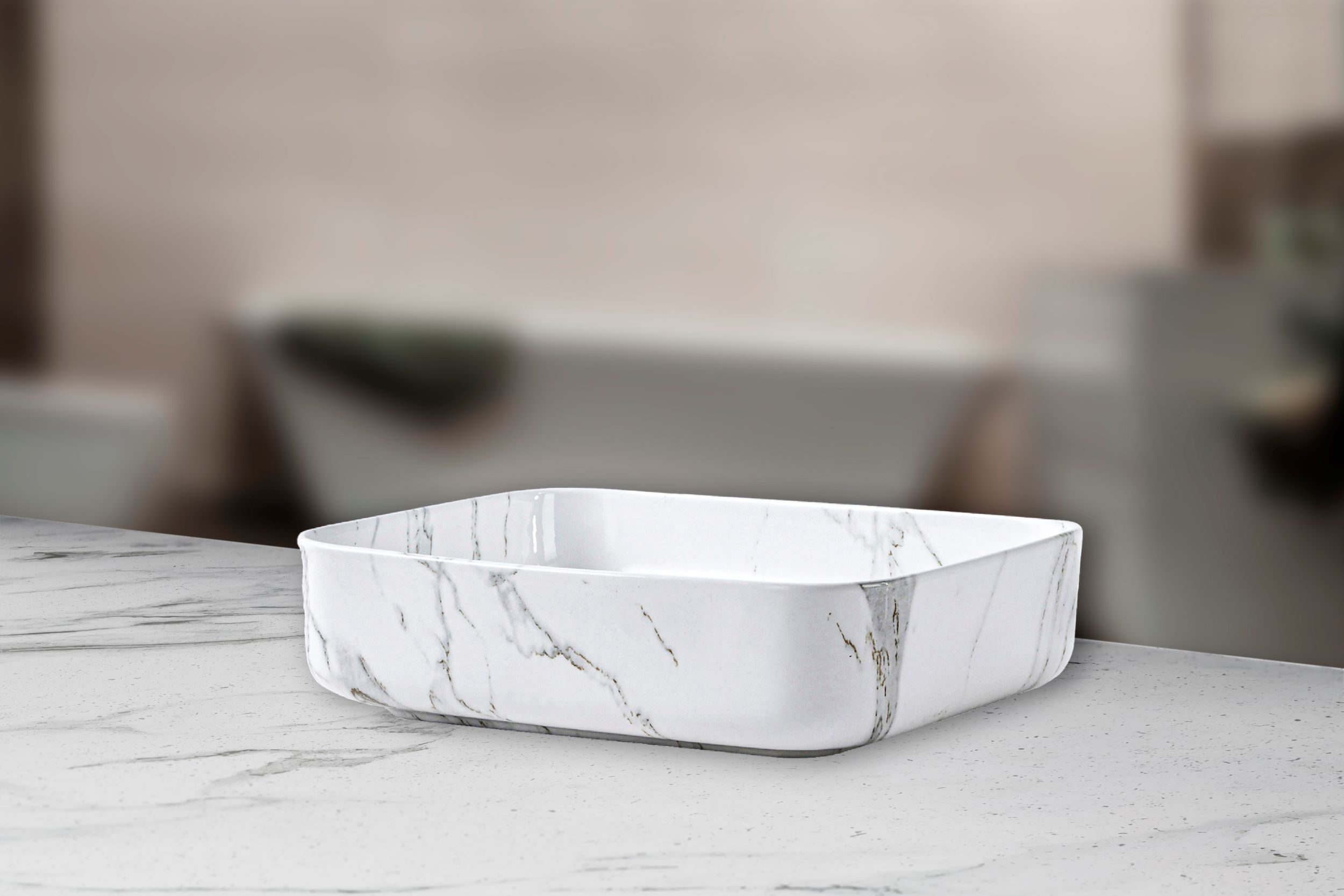 Lavabo Cerámico para Baño TIM, forma rectangular acabado blanco marmoleado. De sobreponer, con diseño europeo ideal para todo tipo de baños. Dimensiones 50.0 x 39.0 x 13.0 cms. (base x altura x profundidad)