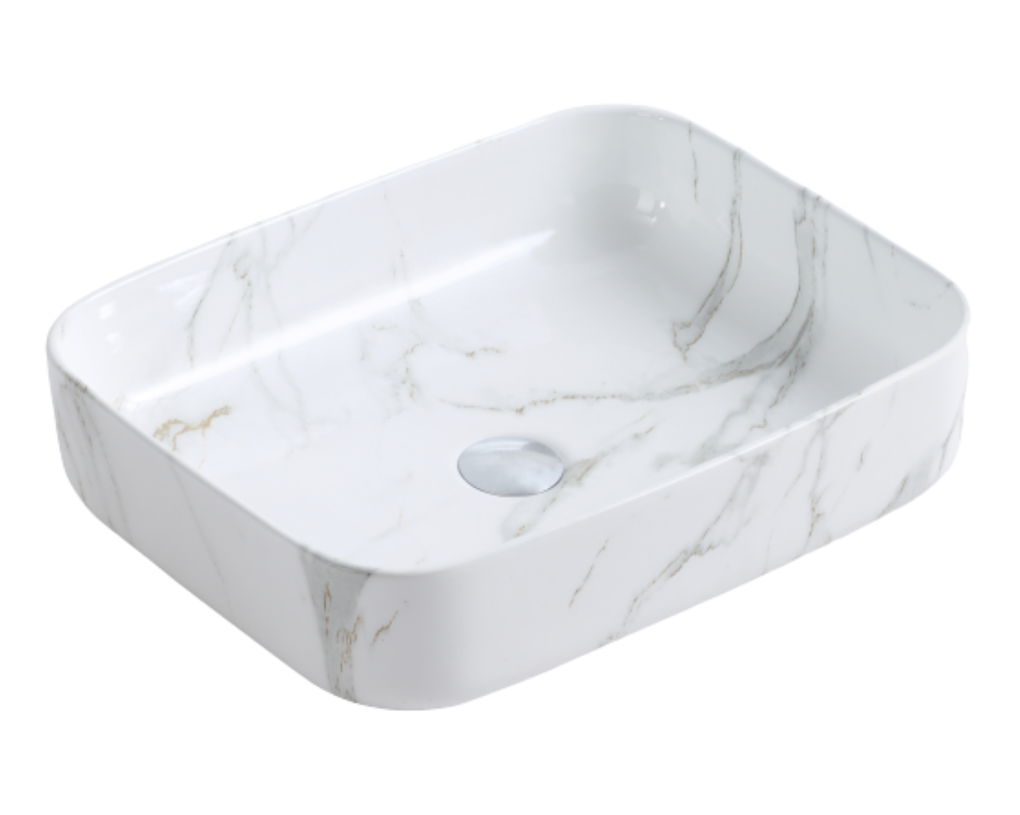 Lavabo Cerámico para Baño TIM, forma rectangular acabado blanco marmoleado. De sobreponer, con diseño europeo ideal para todo tipo de baños. Dimensiones 50.0 x 39.0 x 13.0 cms. (base x altura x profundidad)