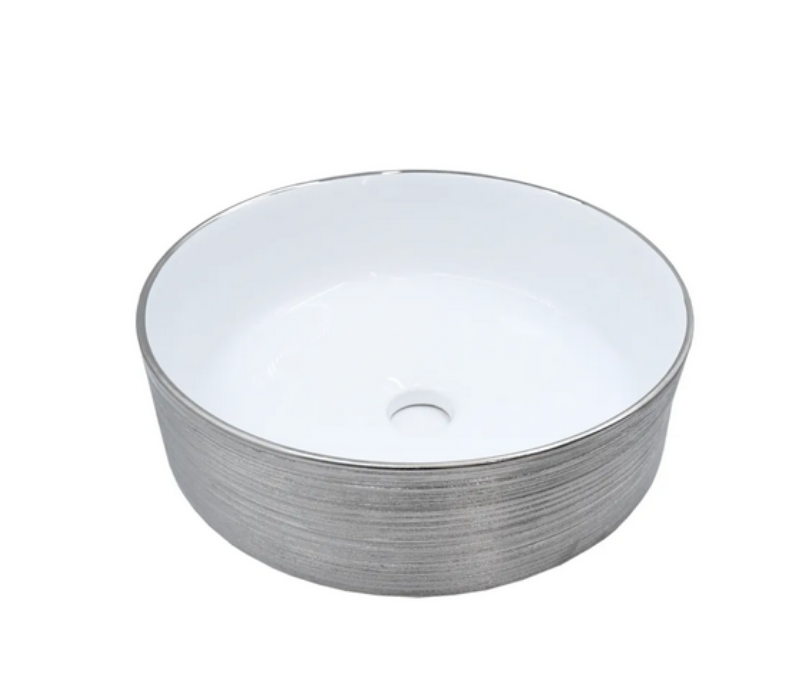 Lavabo Cerámico para Baño BAF, forma circular en color plata semi mate con detalles en relieve metalizados. De sobreponer, con diseño europeo ideal para todo tipo de baños. Dimensiones 36.0 x 36.0 x 12.5 cms. (base x altura x profundidad).