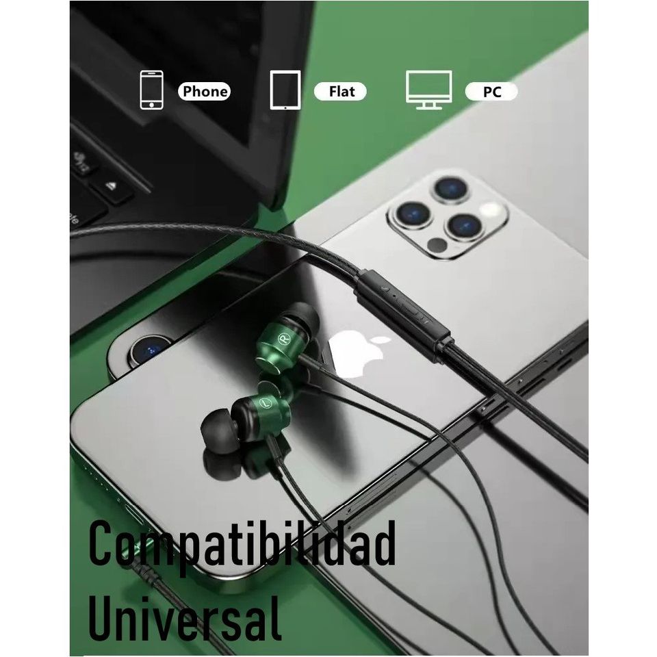 Audífonos manos libres magnéticos cable L juego Metal verde HiFi 3.5mm teléfono PC micrófono.