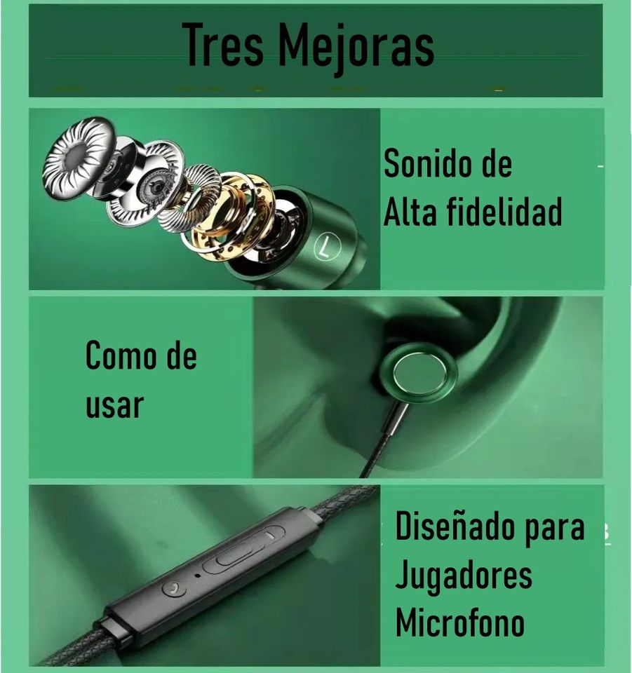 Audífonos manos libres magnéticos cable L juego Metal verde HiFi 3.5mm teléfono PC micrófono.