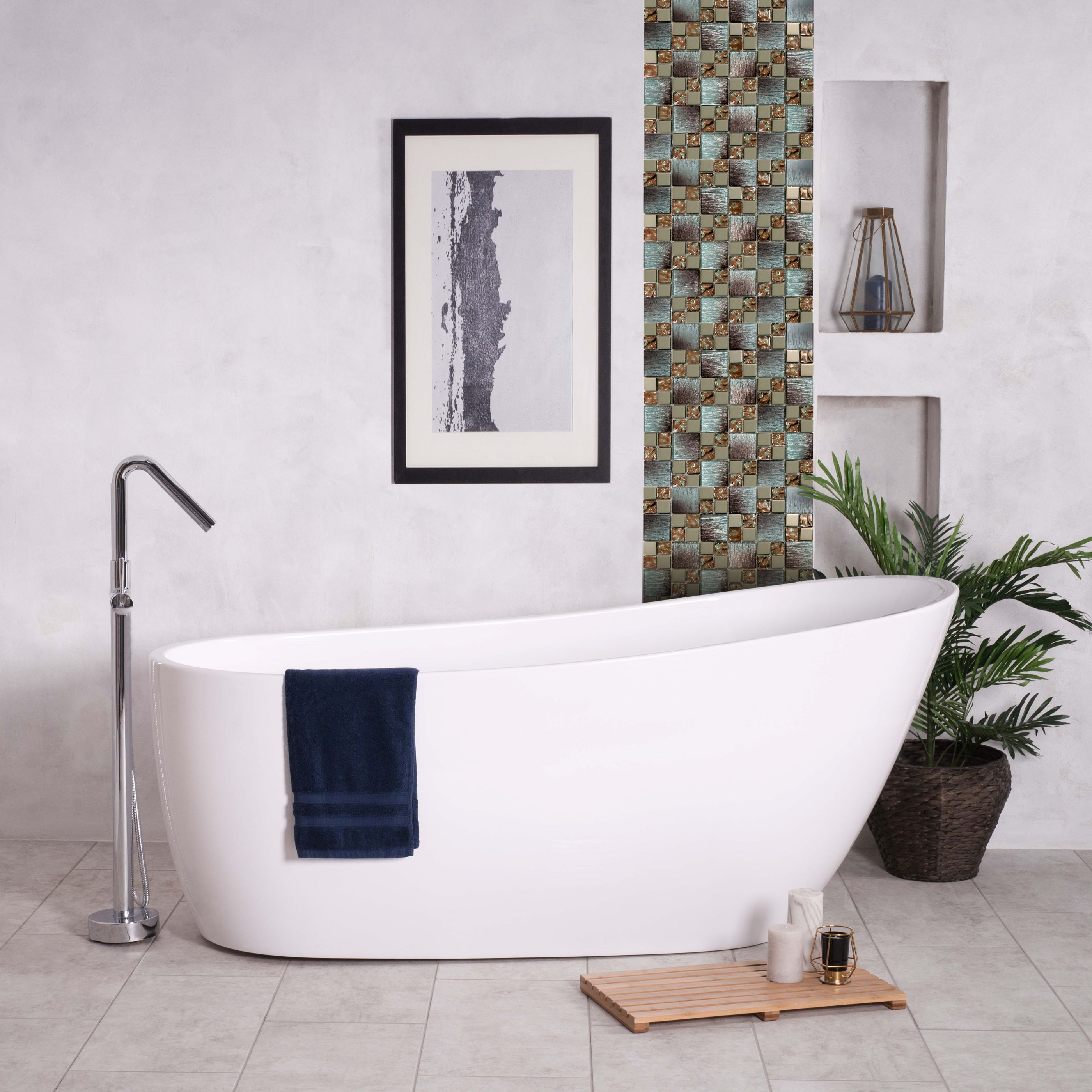 Malla o Mosaico Decorativo de vidrio y acero inoxidable PAT, medida 30 x 30 cms. (base por altura). Diseño en tonos plata y café con detalles en relieve. Caja de 5 piezas..