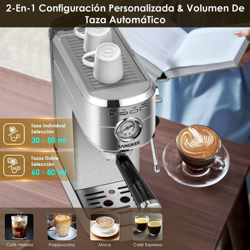 Sangkee Cafetera Espresso 20 Bar, Máquina De Café Espresso Con Varita Espumadora De Leche, Compatible Con Café Molido/cápsulas Nespresso, Compacta Cafetera Para Hogar,capuchino, Latte, Macchiato,1350w.