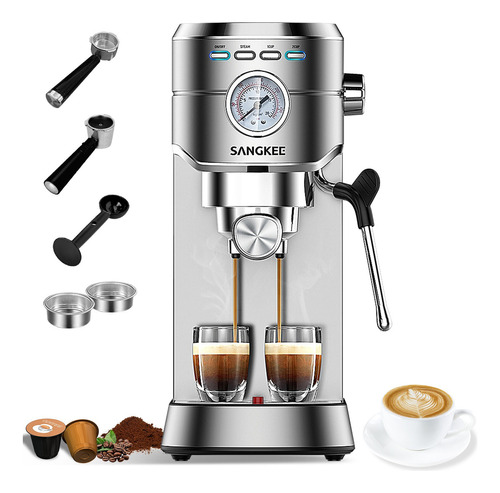 Sangkee Cafetera Espresso 20 Bar, Máquina De Café Espresso Con Varita Espumadora De Leche, Compatible Con Café Molido/cápsulas Nespresso, Compacta Cafetera Para Hogar,capuchino, Latte, Macchiato,1350w.