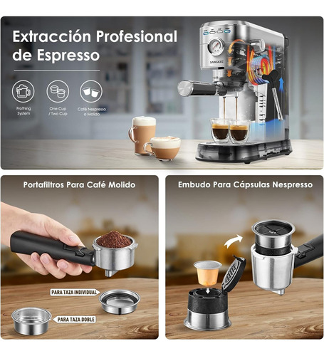 Sangkee Cafetera Espresso 20 Bar, Máquina De Café Espresso Con Varita Espumadora De Leche, Compatible Con Café Molido/cápsulas Nespresso, Compacta Cafetera Para Hogar,capuchino, Latte, Macchiato,1350w.
